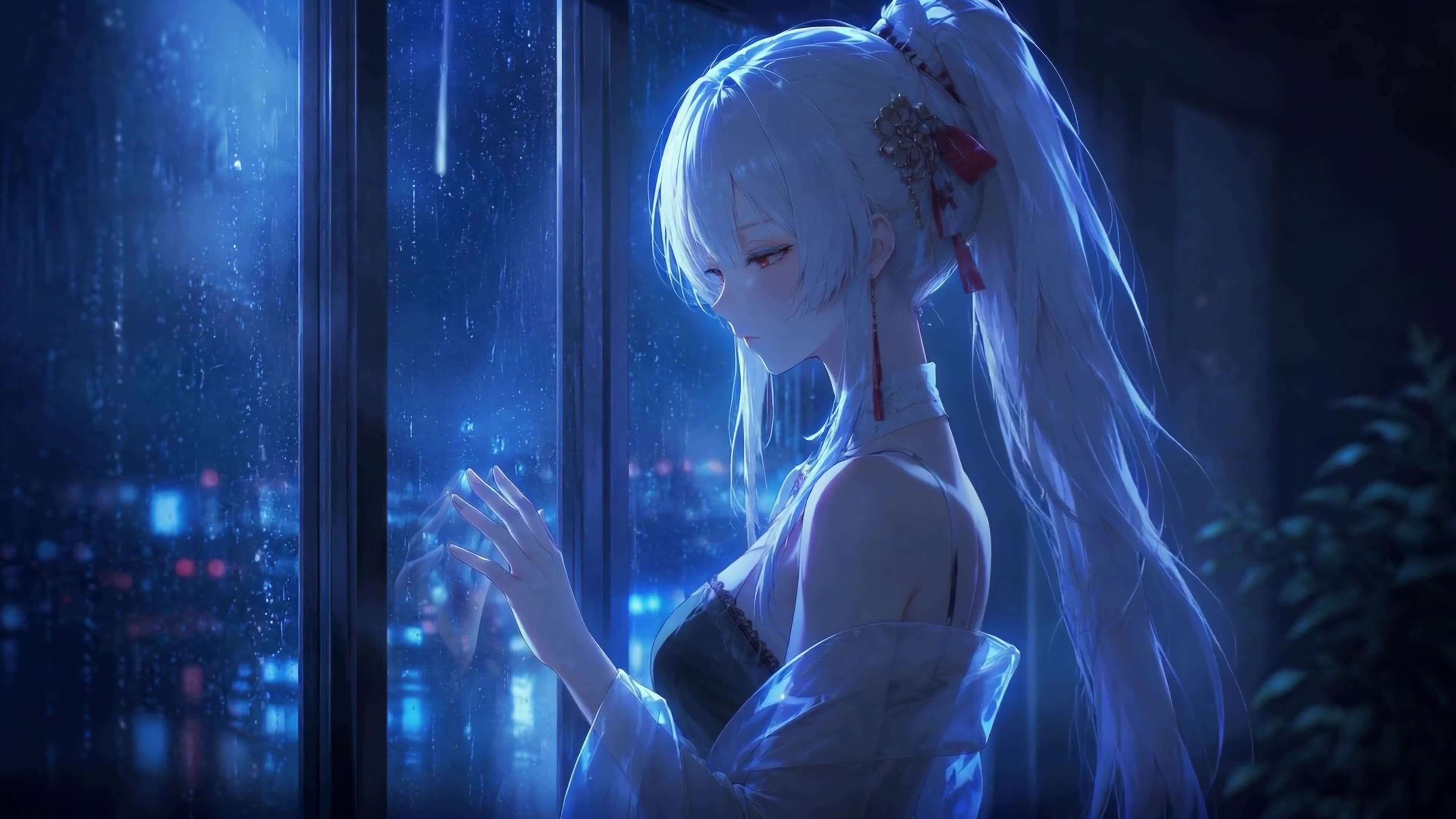 雨夜窗边银发少女绯雪