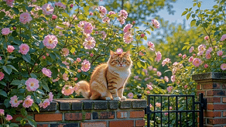 蔷薇花旁的橘猫