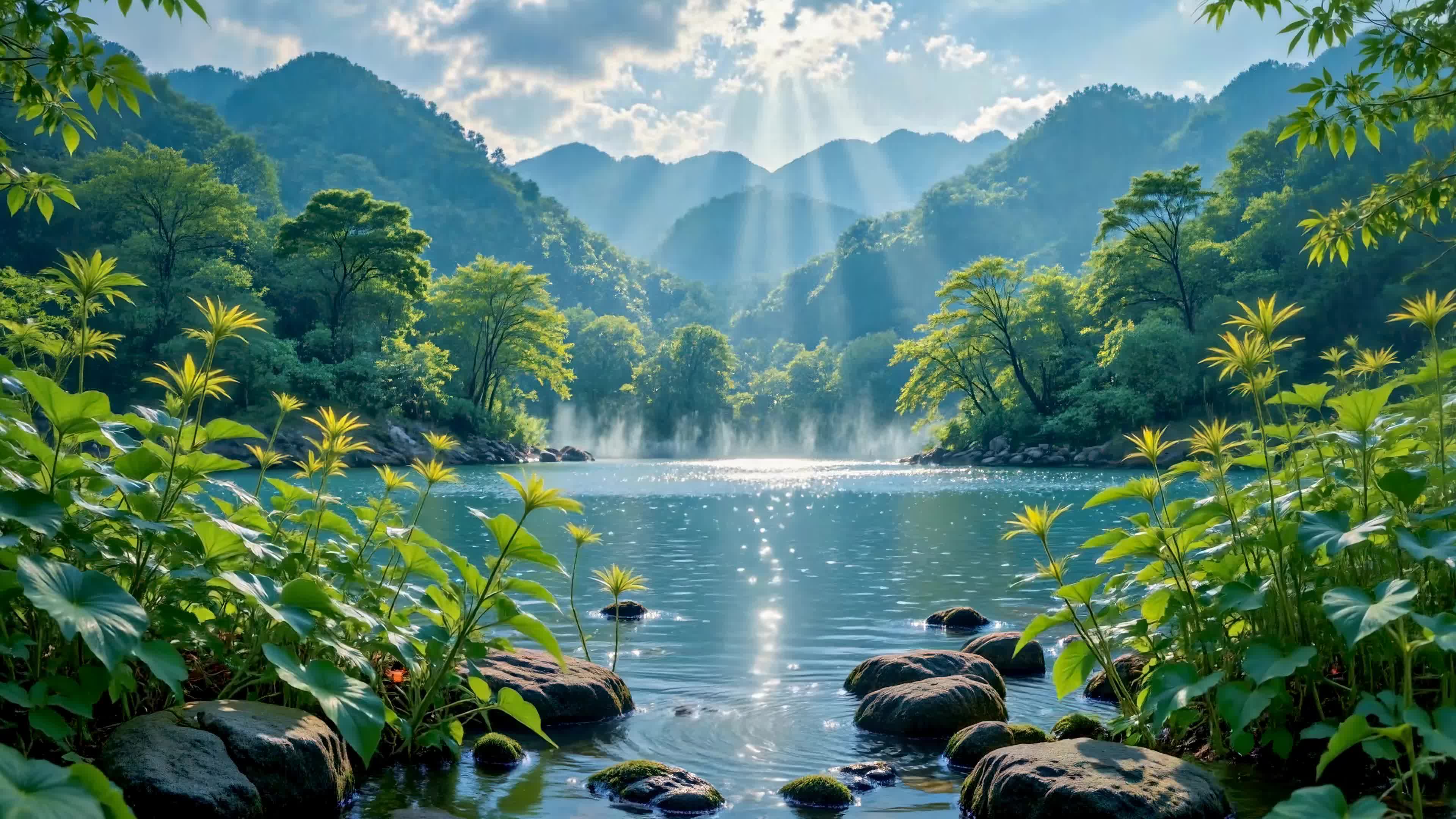 晨光下的青山碧水