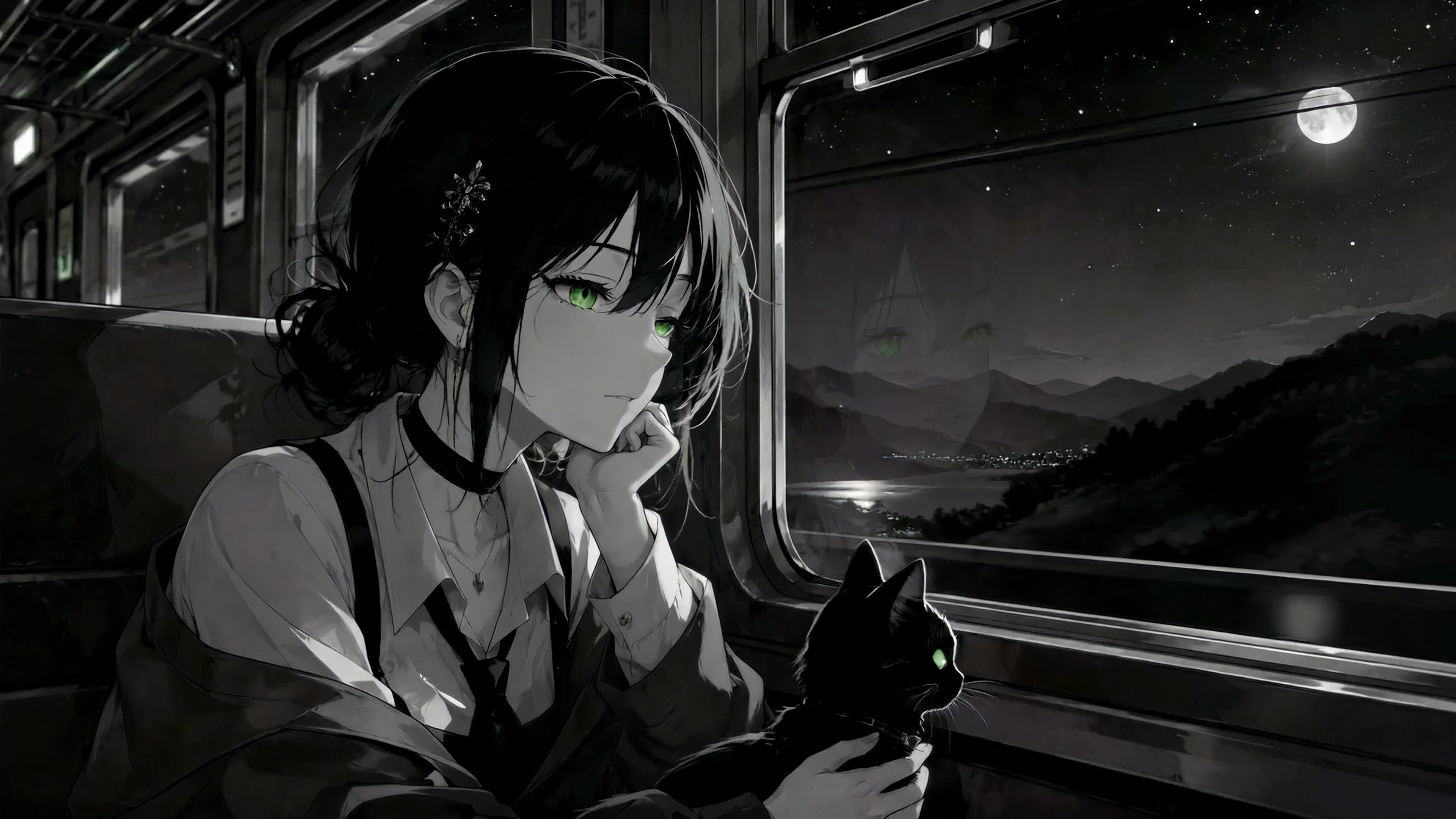 月夜列车上的少女与猫
