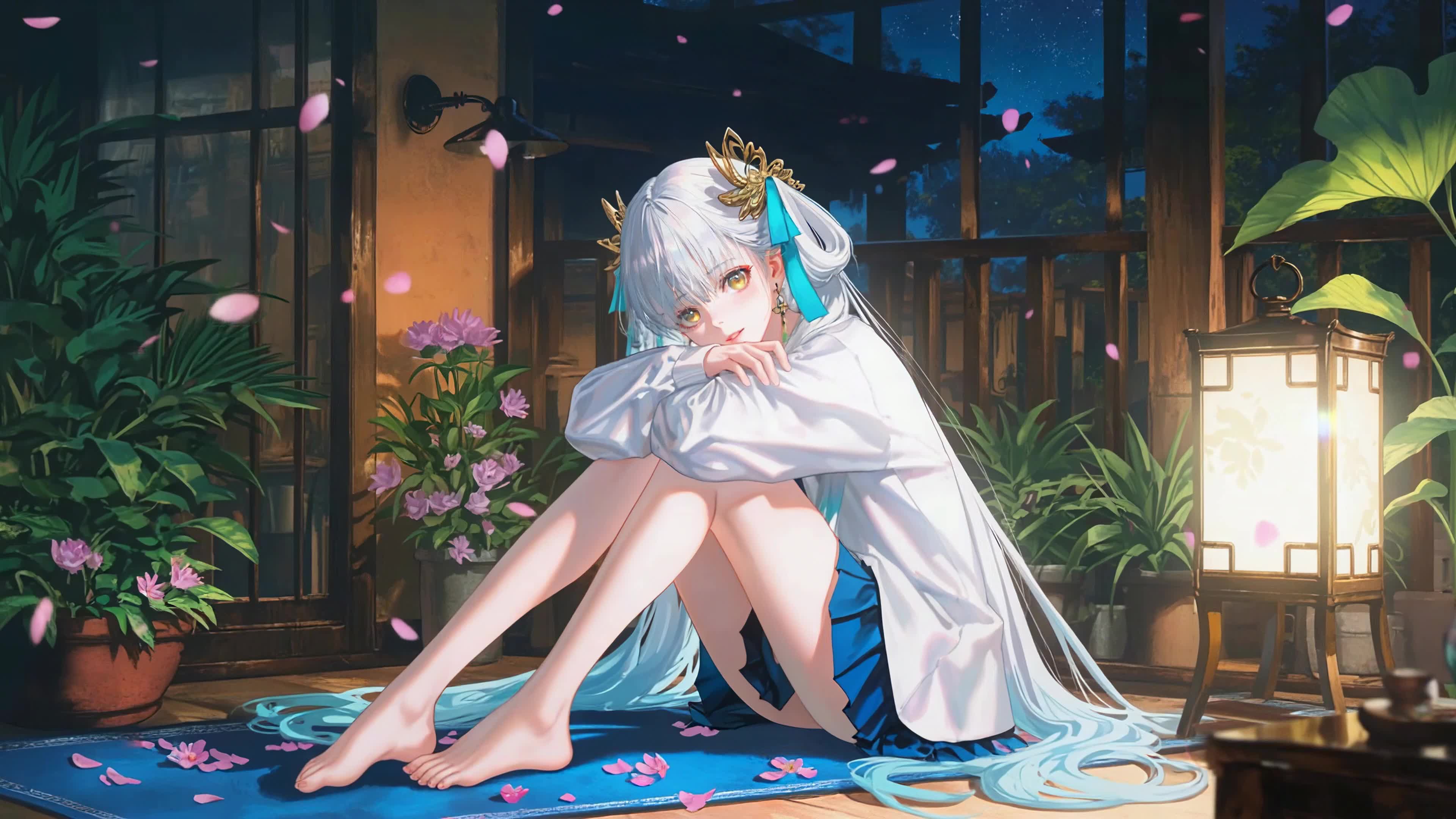 静夜窗边银发少女