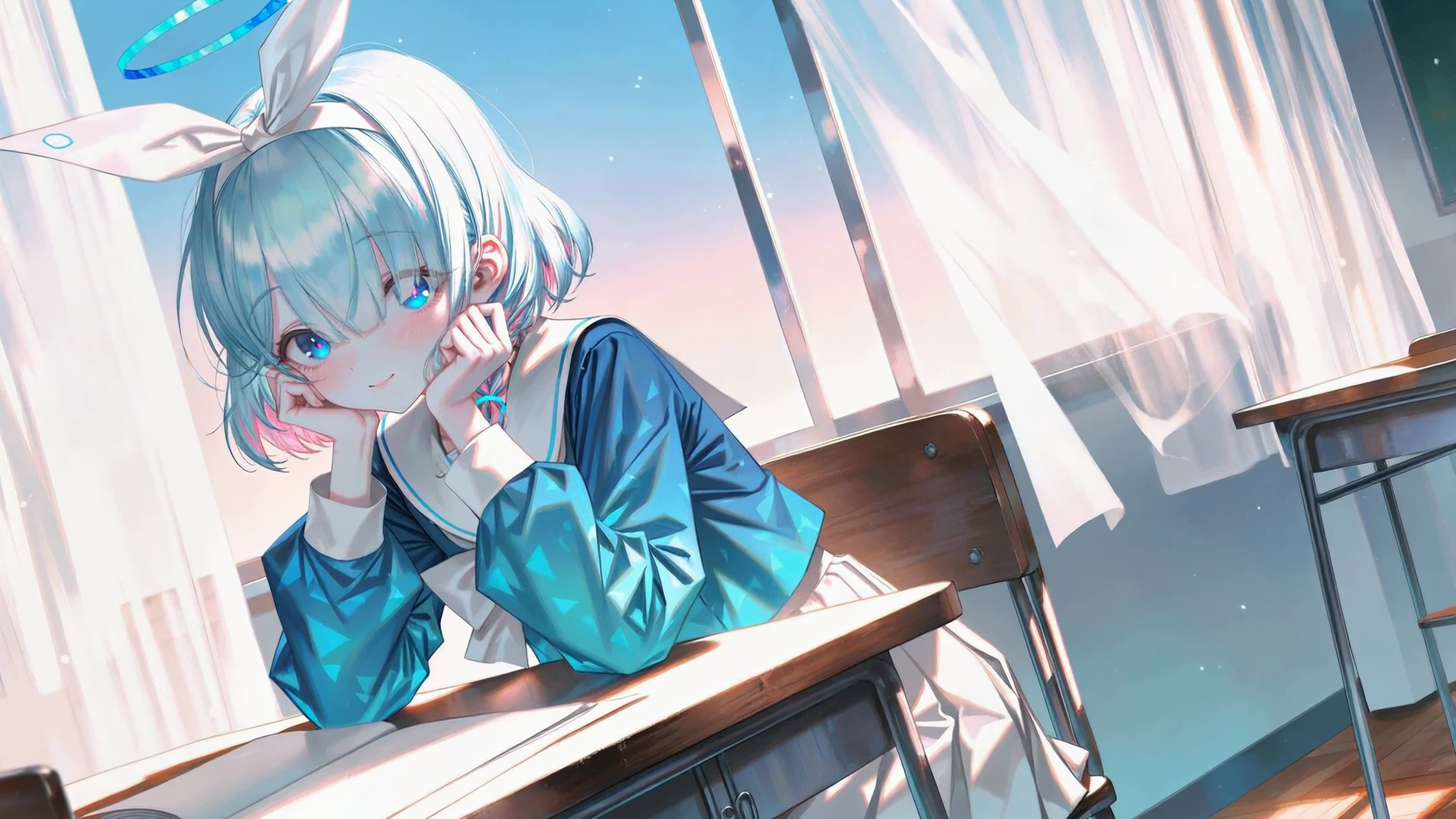 教室窗边的蓝发少女