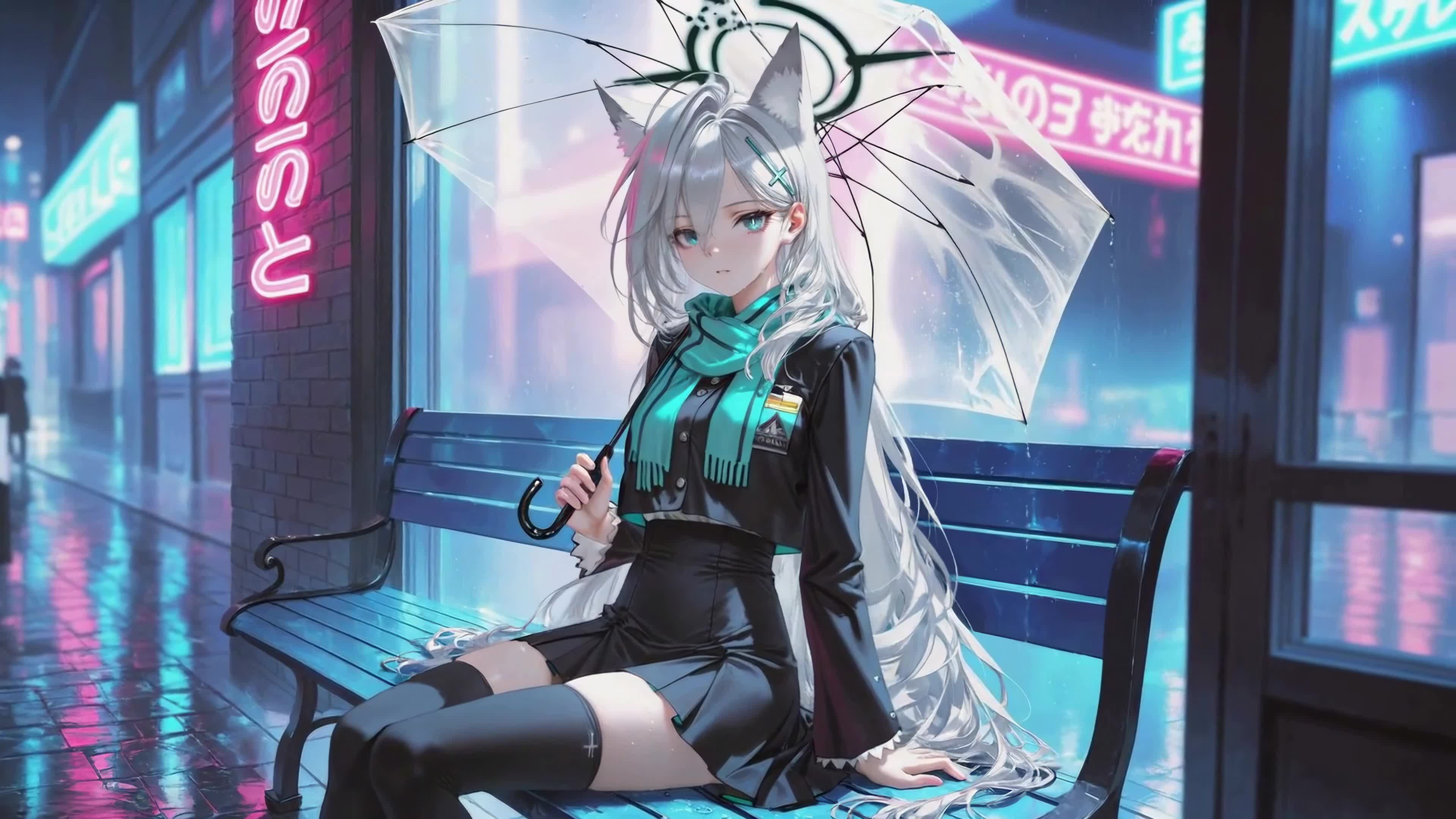 霓虹雨夜撑伞少女白子