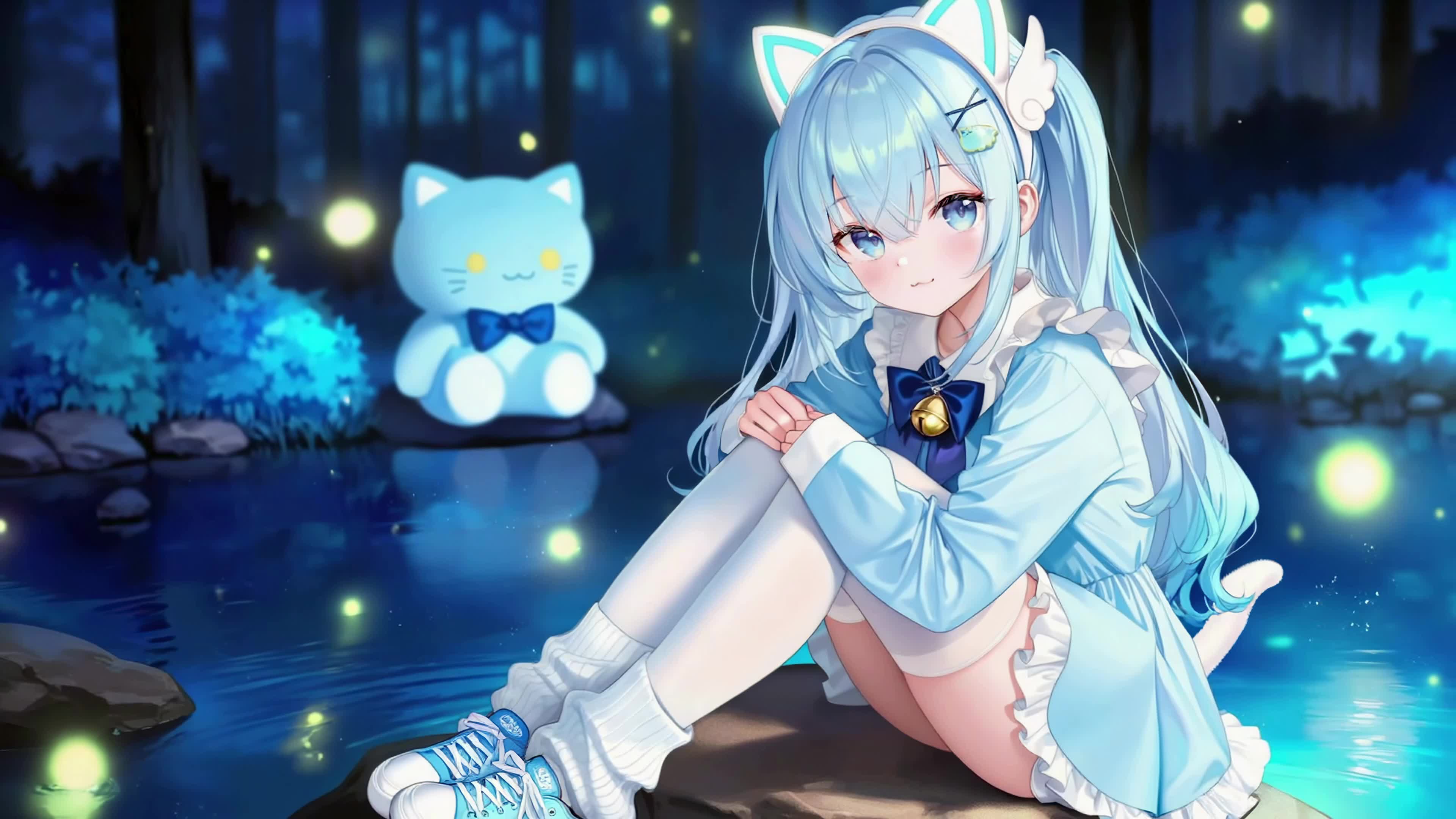 夏夜溪边蓝发猫耳少女