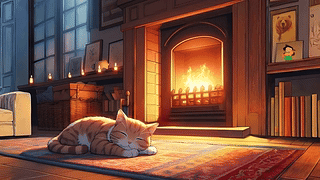 壁炉旁的小猫。