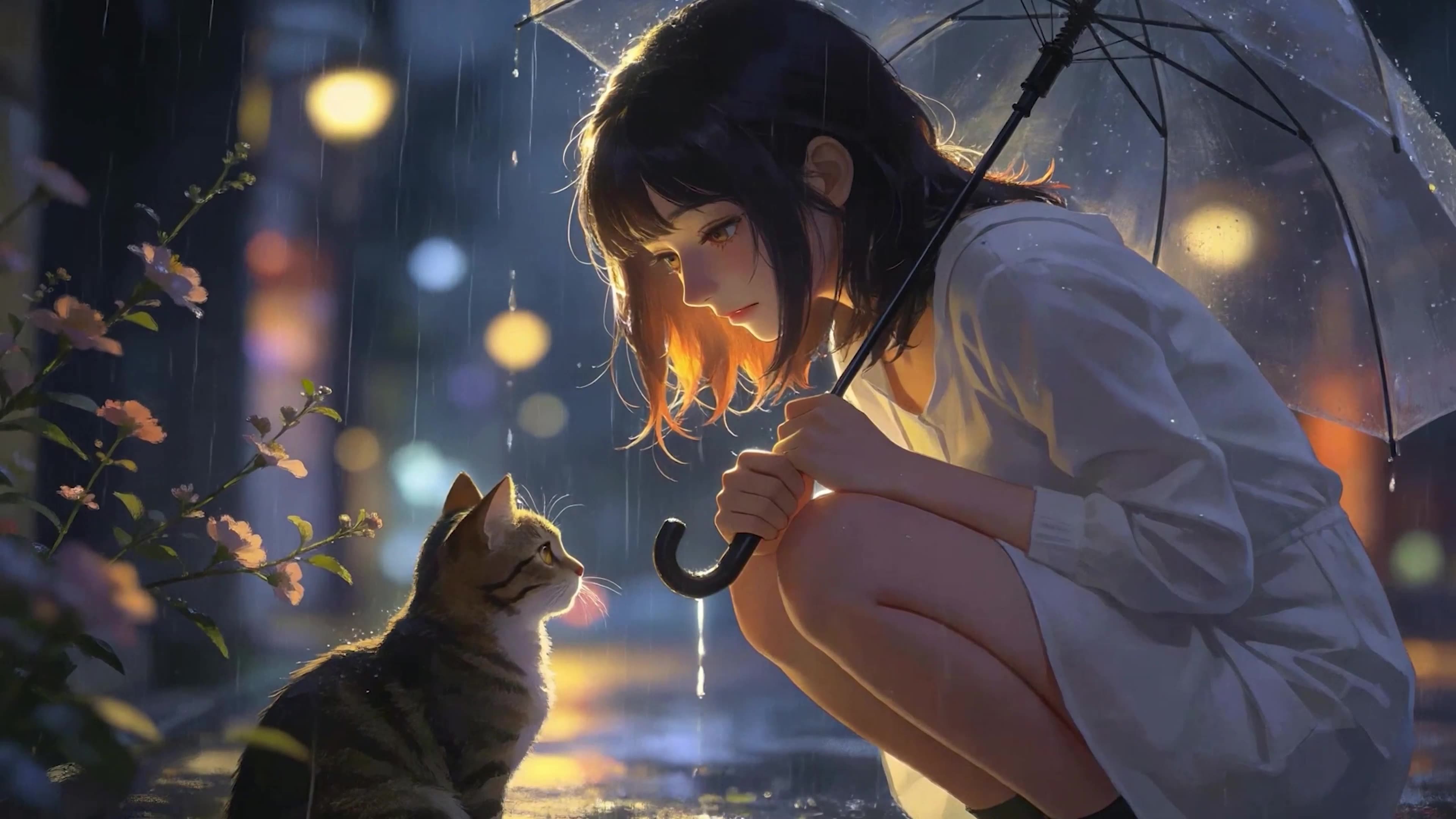 雨天女孩与猫咪