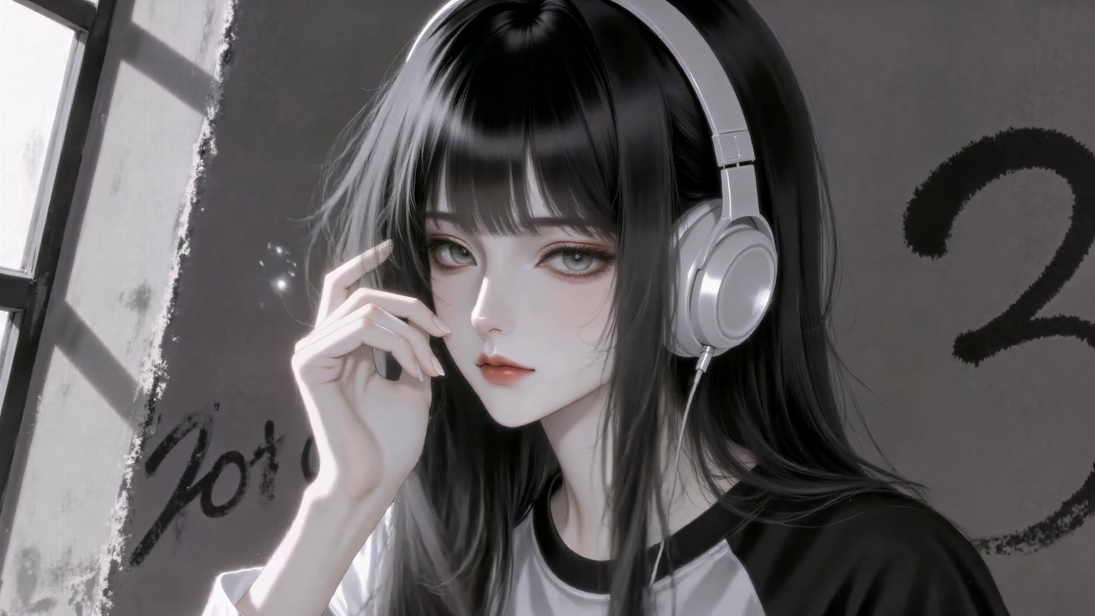 窗边听歌的长发少女