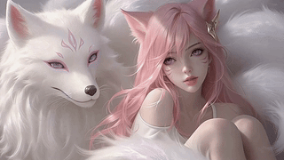粉发狐耳少女与白狐