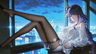都市夜窗边的紫发少女