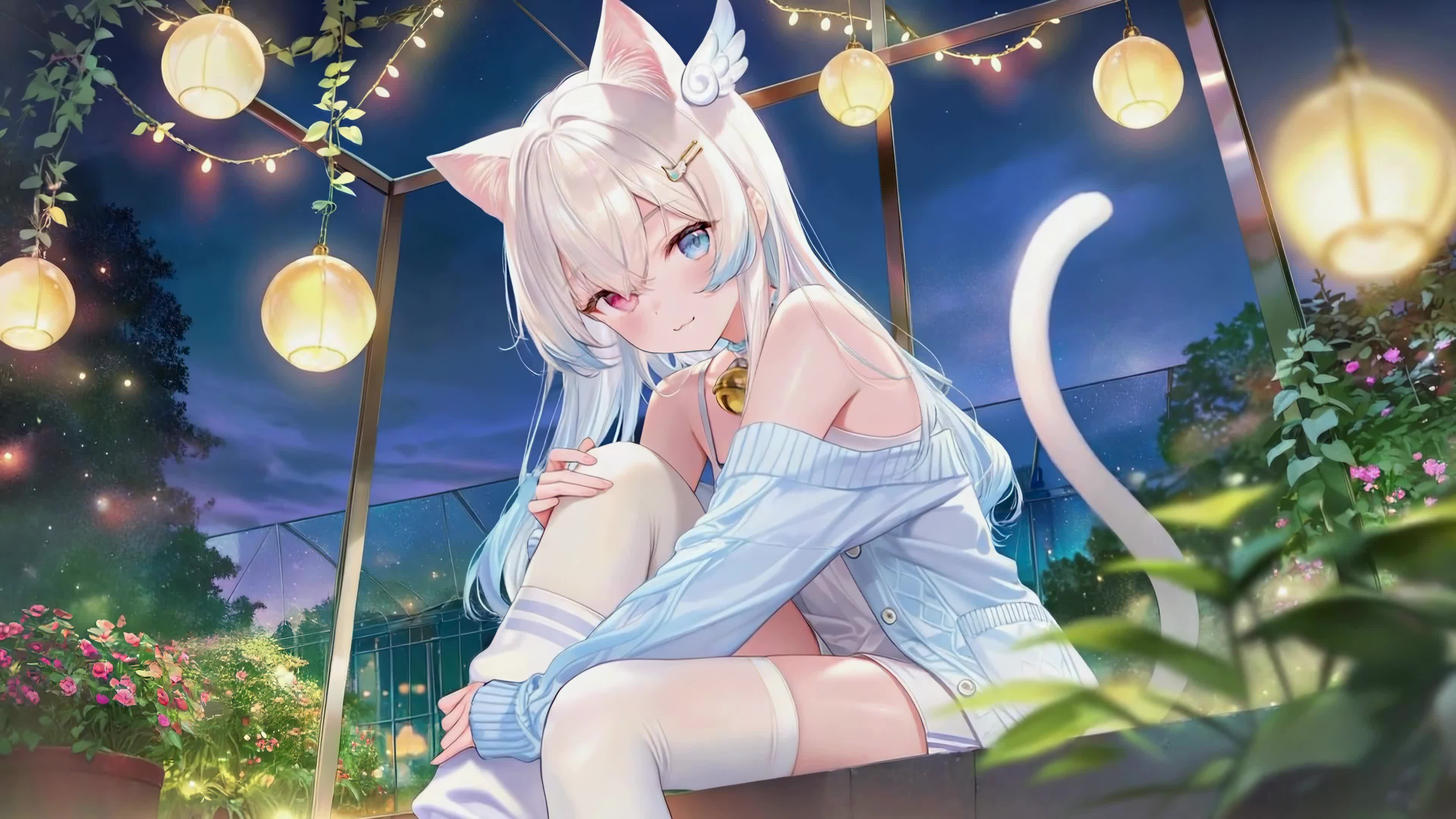 夜晚花房的猫耳少女