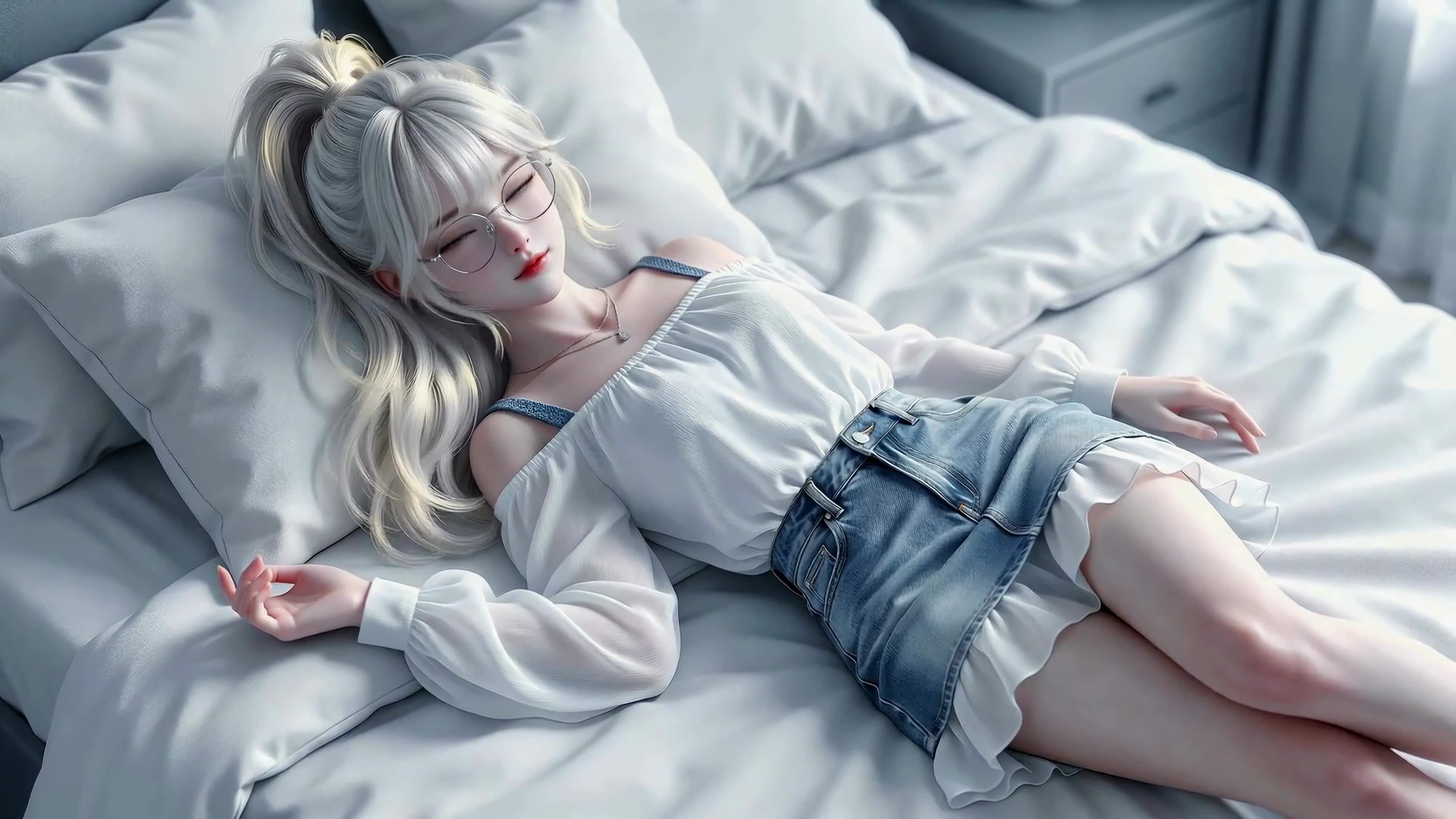 卧室慵懒银发少女