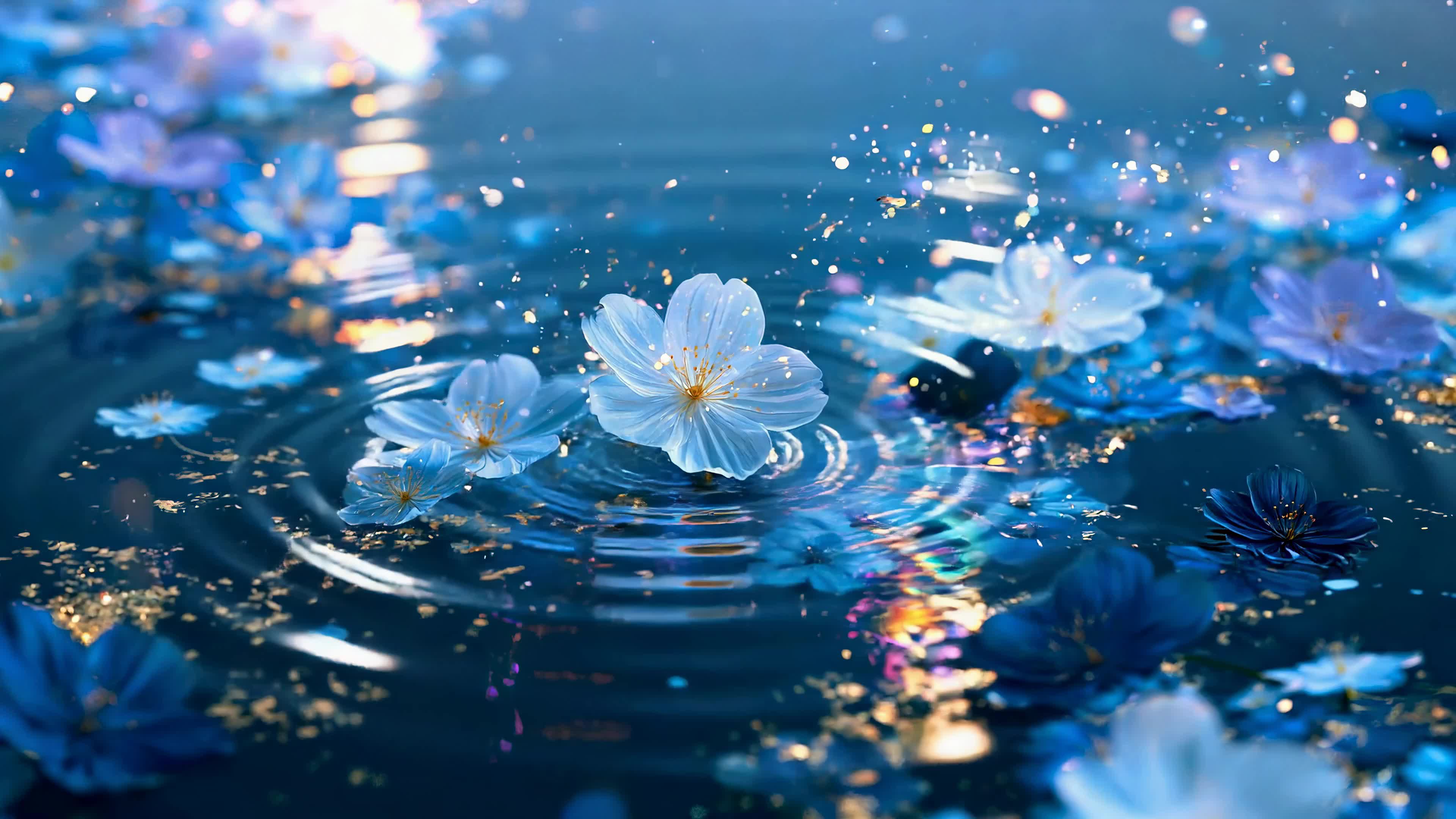 幽蓝水面浮繁花