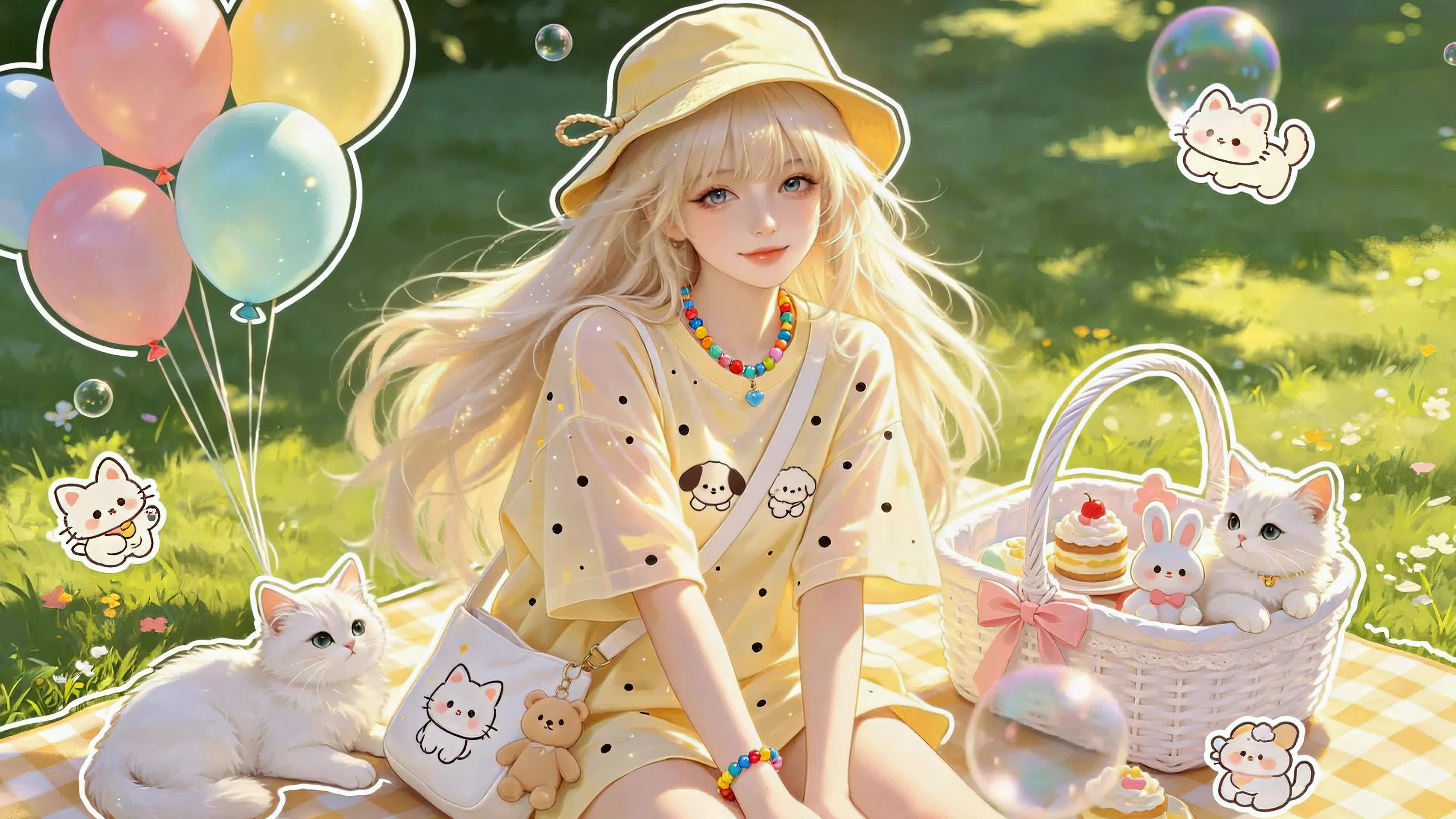 晴天草地野餐少女