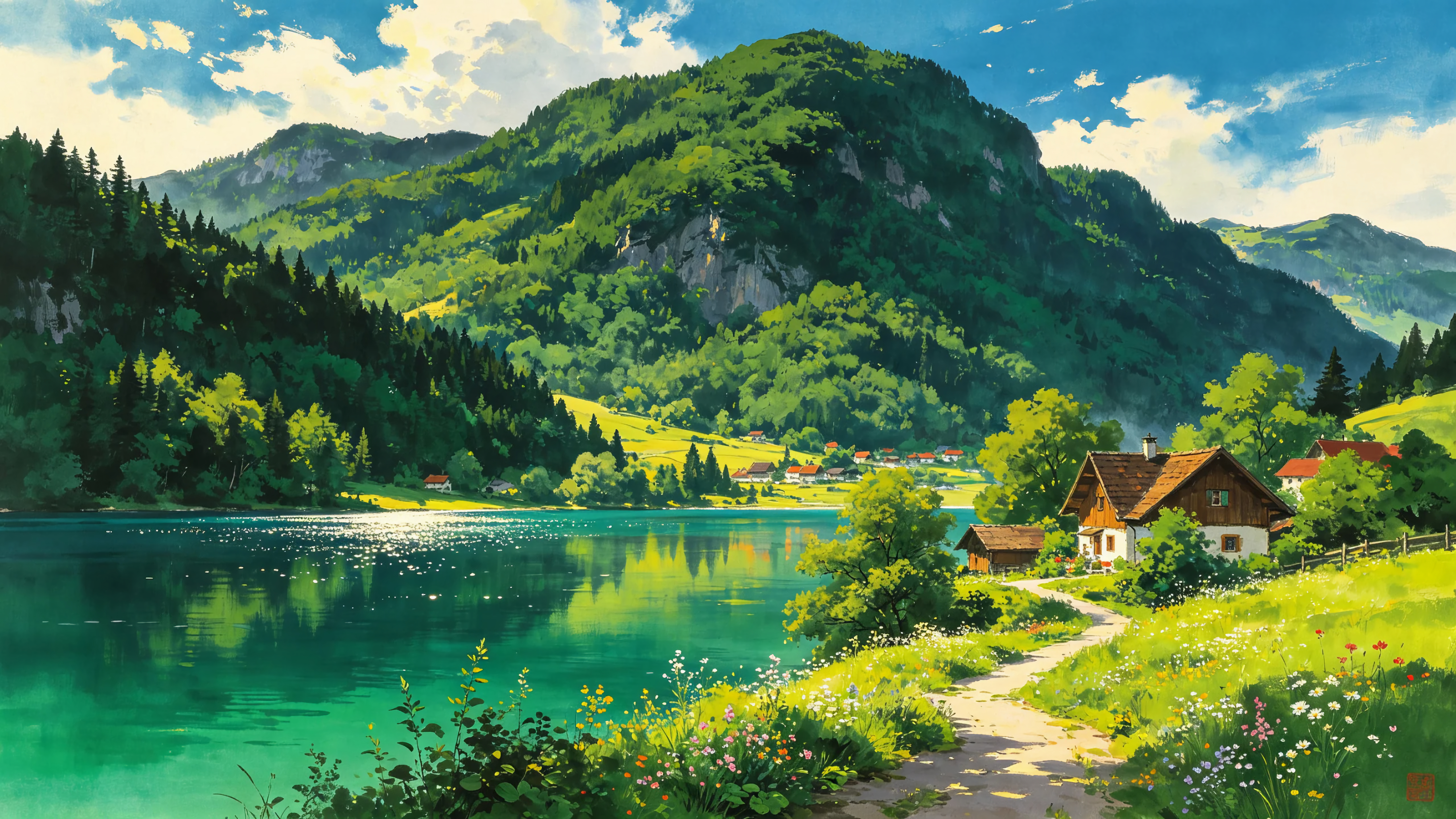 山水湖边乡村小屋