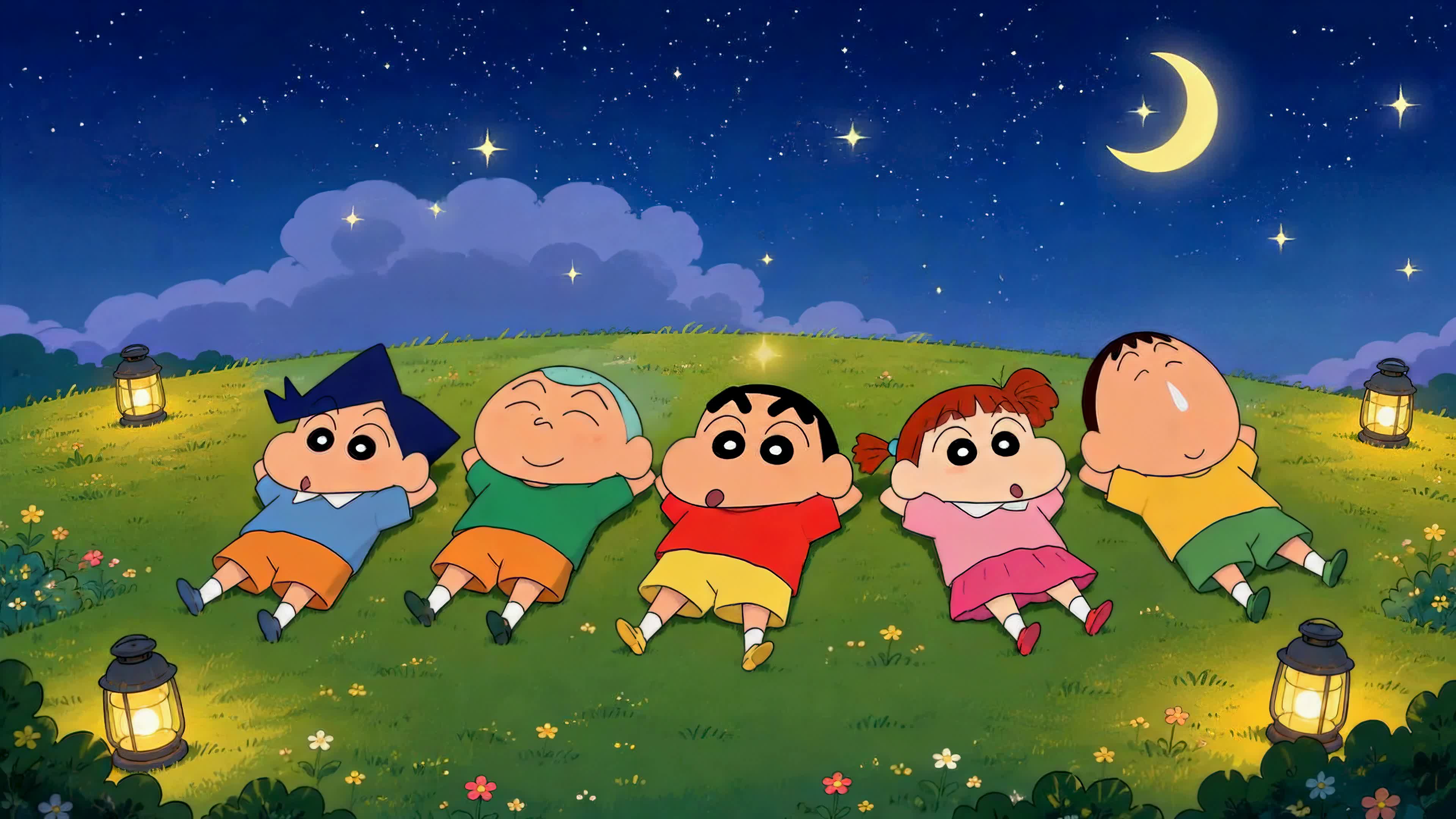 伙伴月夜草地看繁星