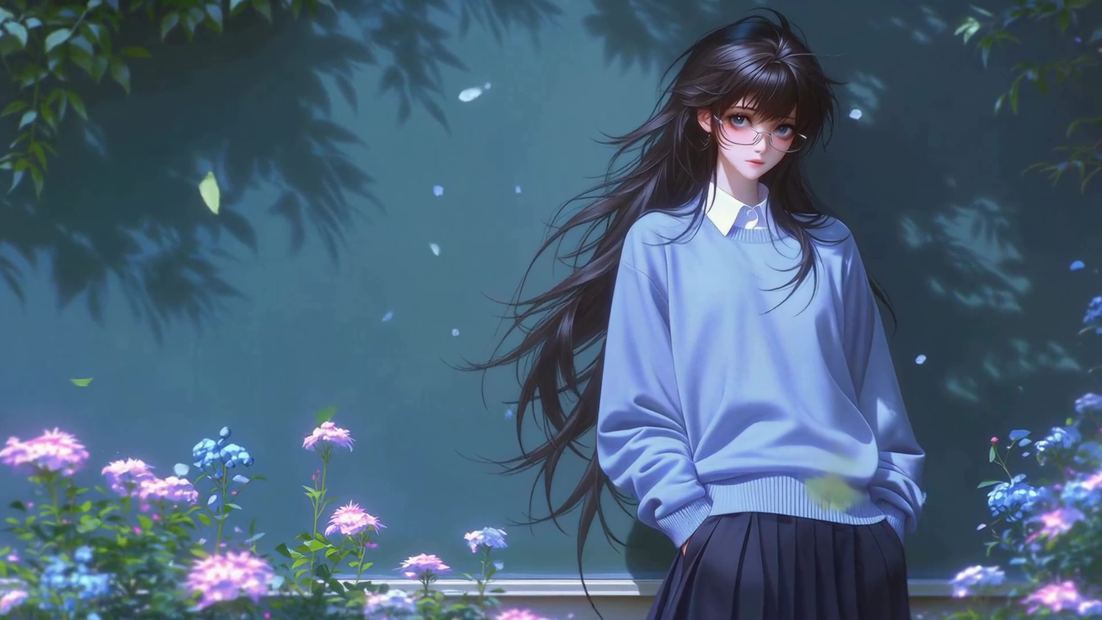 静谧蓝调花旁少女