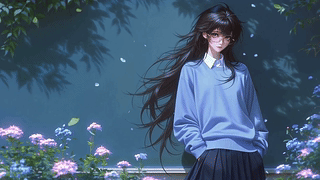 静谧蓝调花旁少女