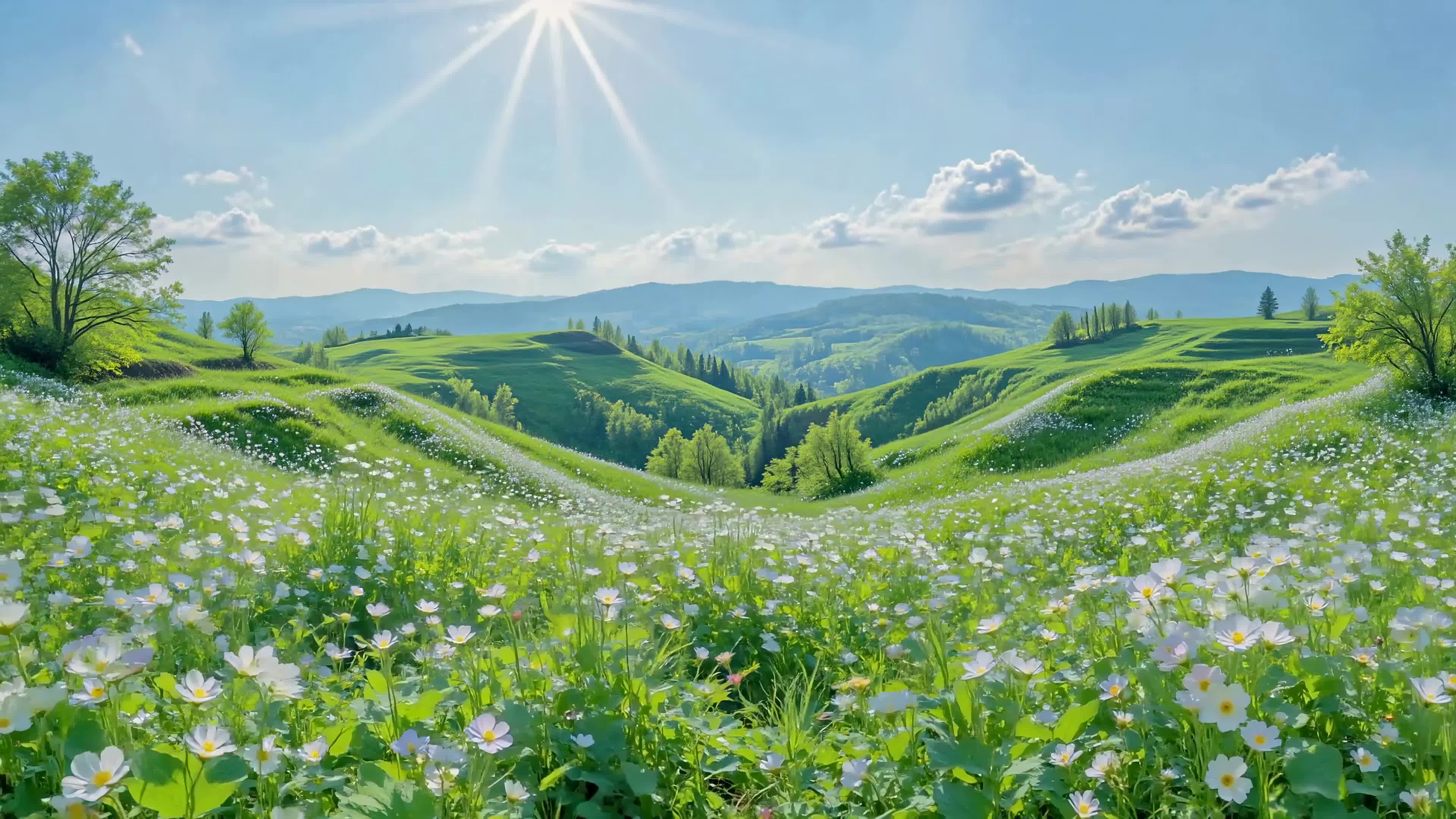 晴日山间白花满坡