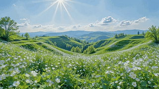 晴日山间白花满坡