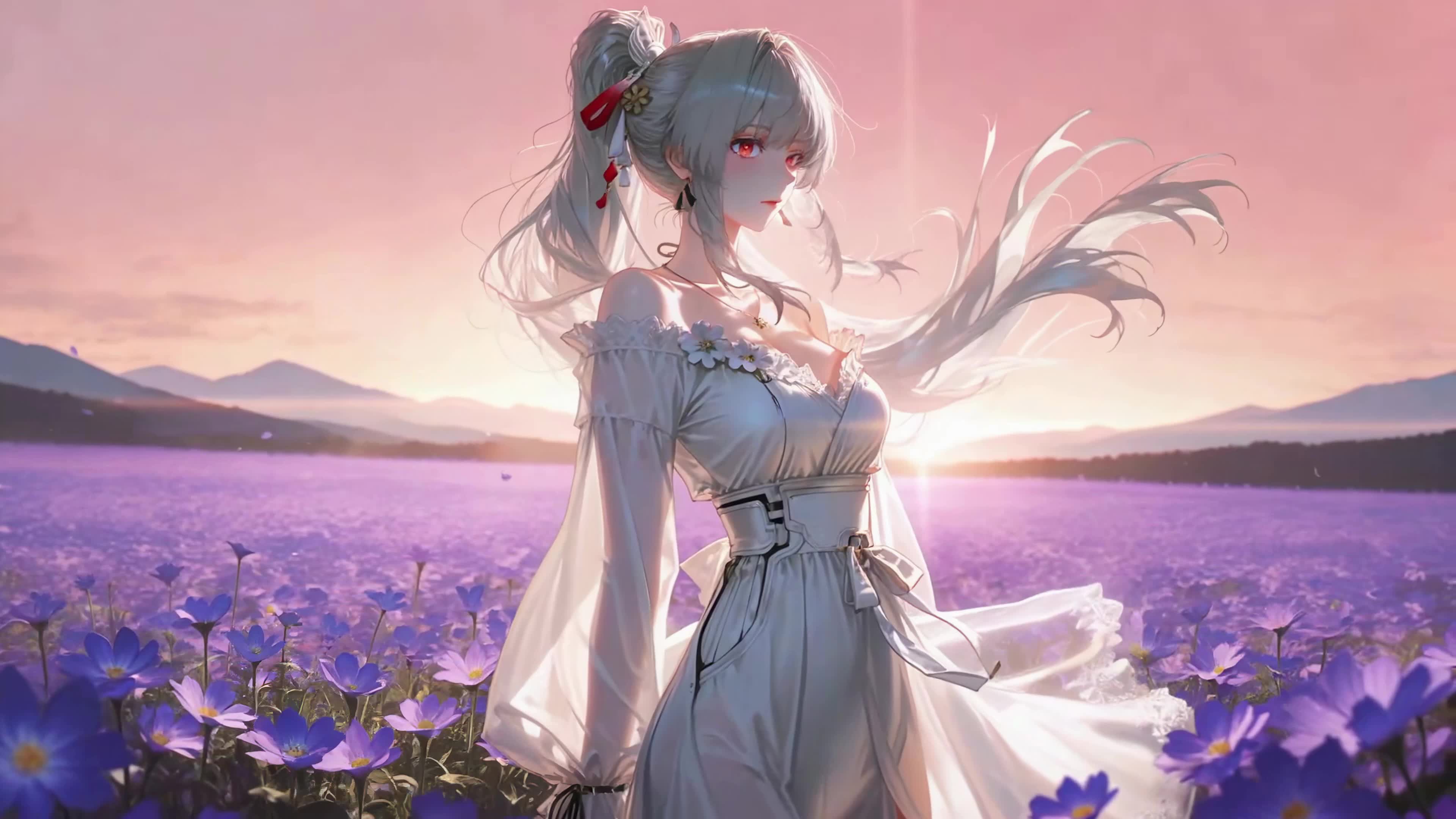花田夕阳下的银发少女