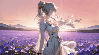 花田夕阳下的银发少女