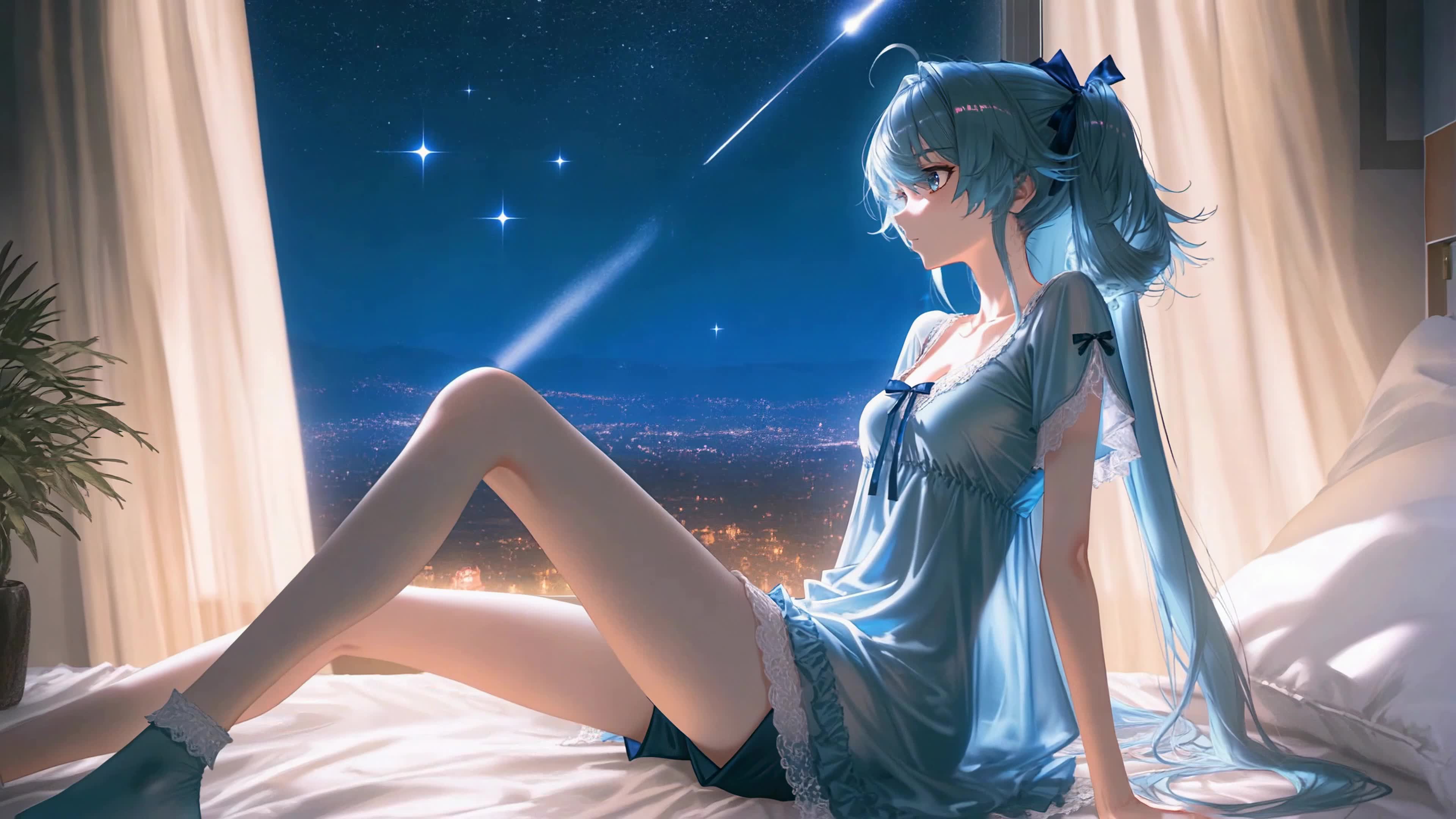 静夜窗边蓝发少女