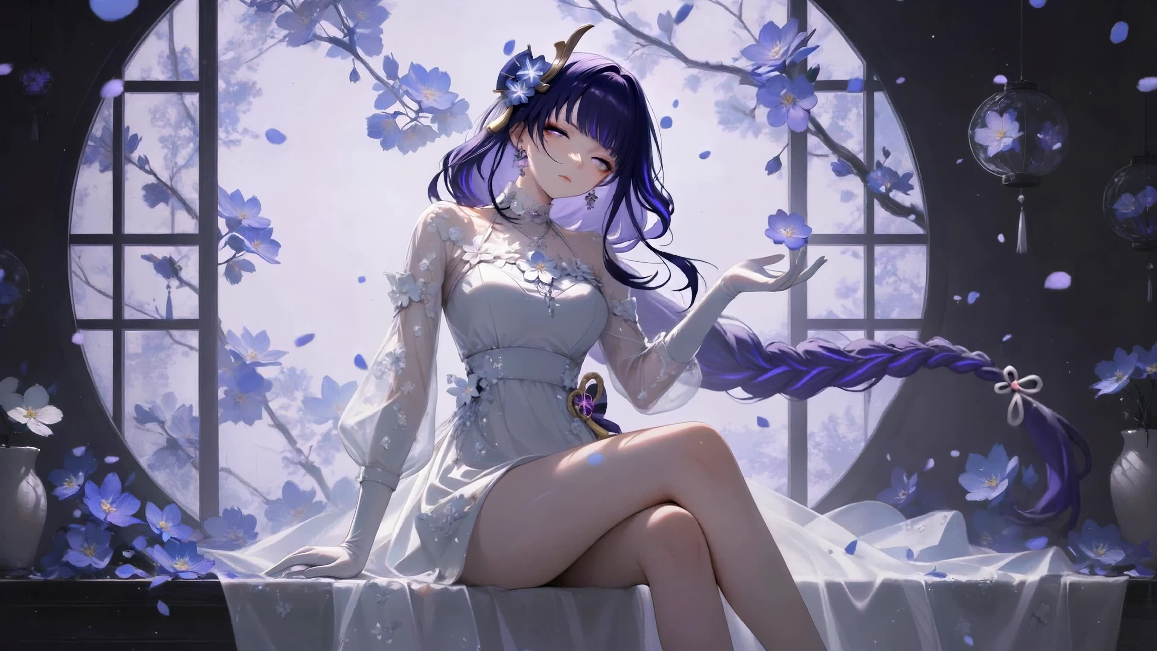 紫发少女闲坐花窗旁