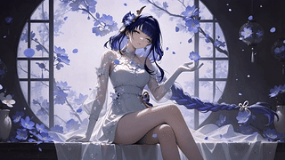 紫发少女闲坐花窗旁