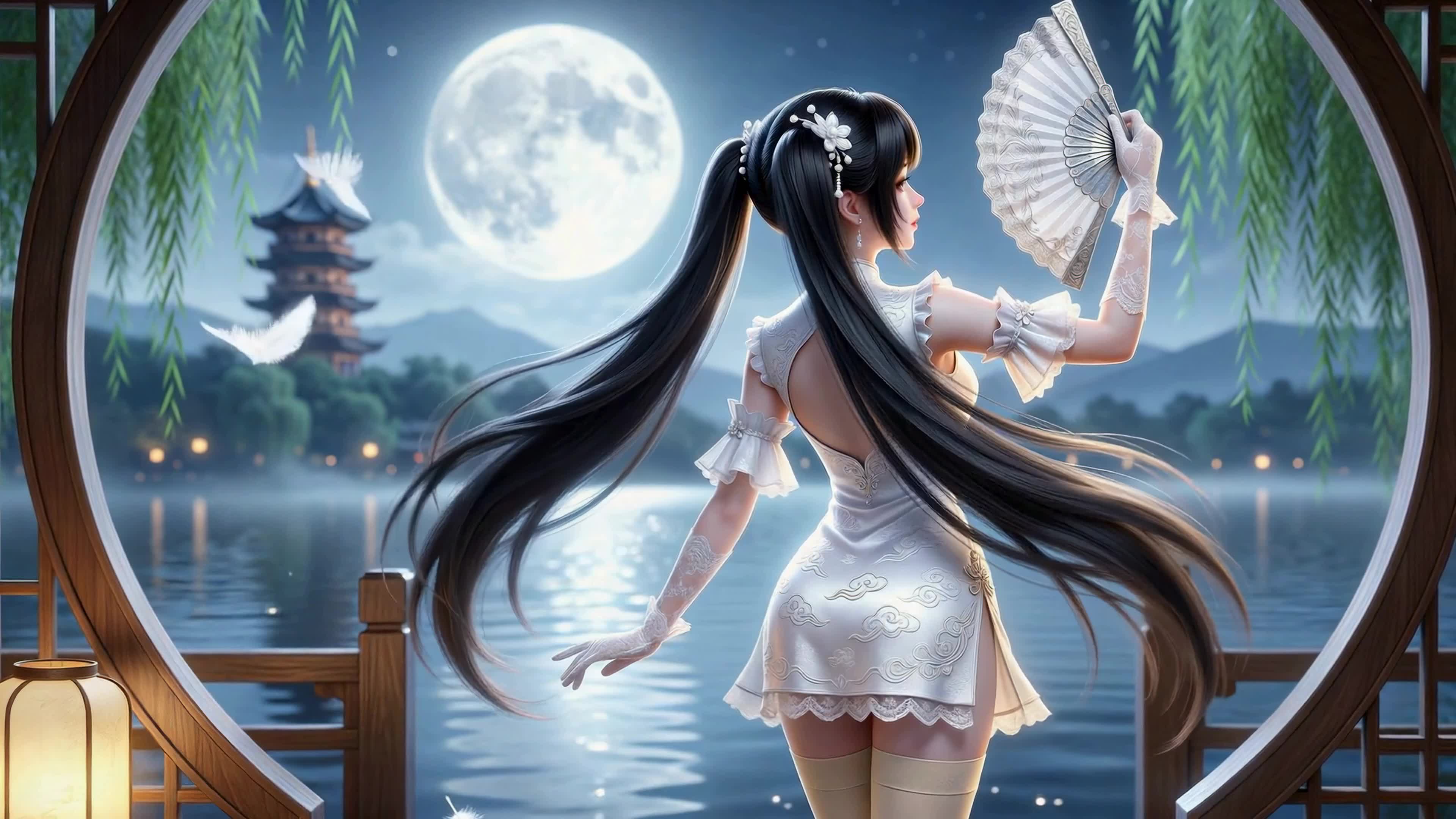 月夜旗袍少女临窗望湖