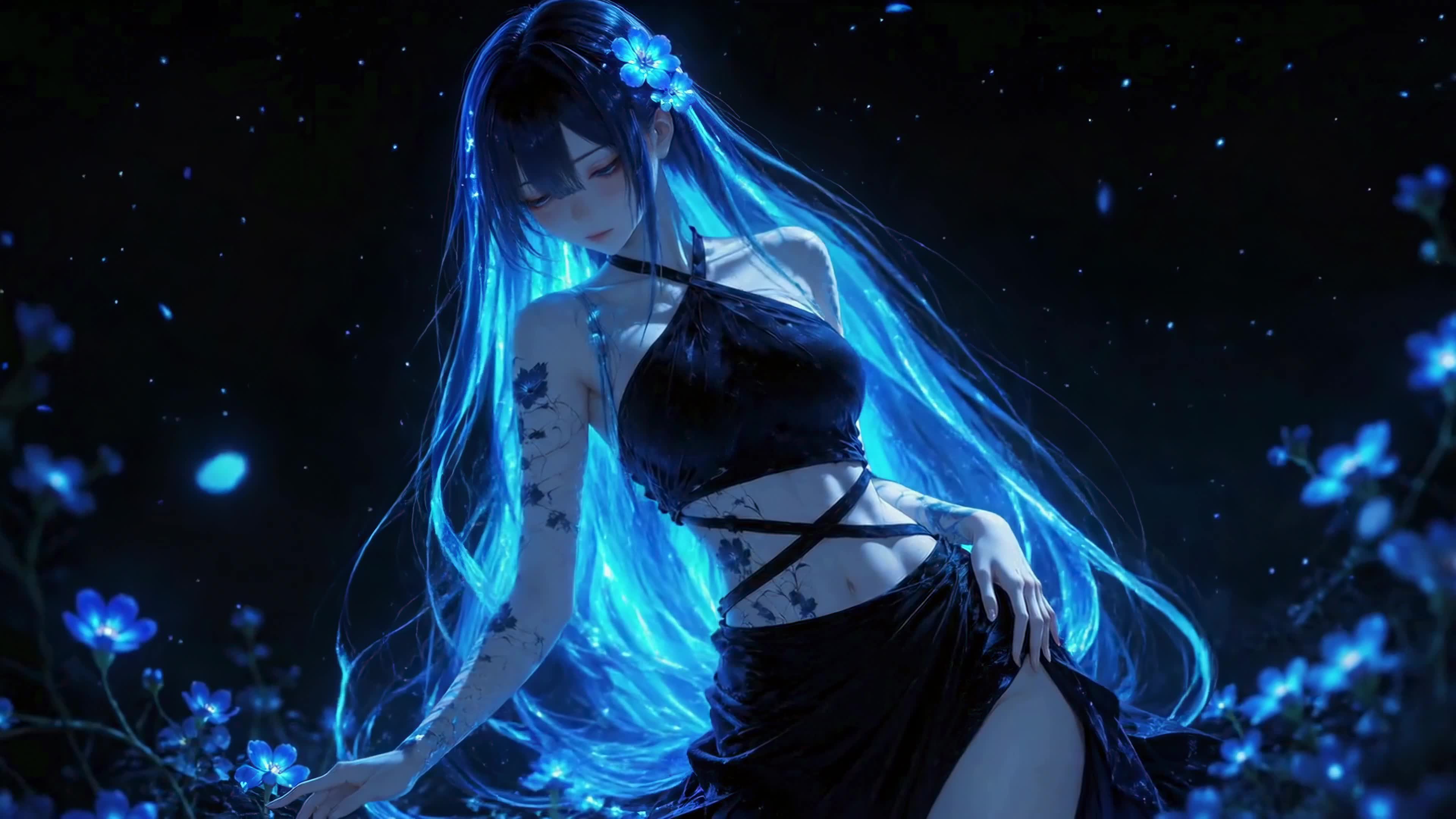 幽蓝荧光花下少女