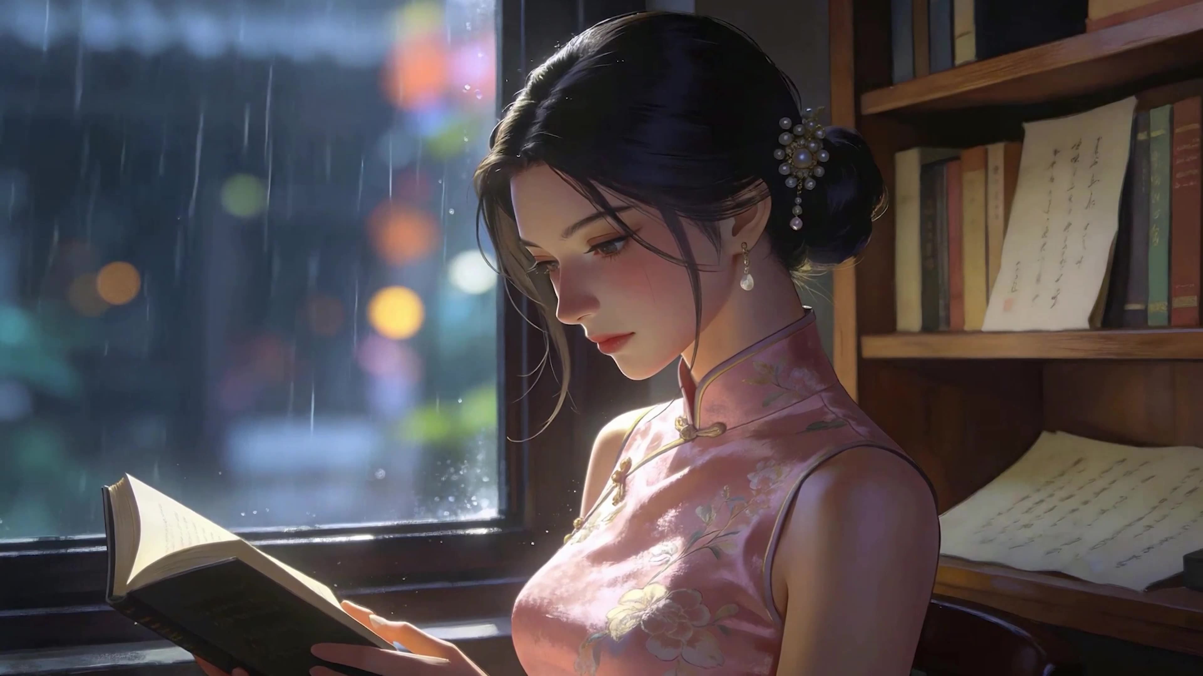 雨天看书女孩
