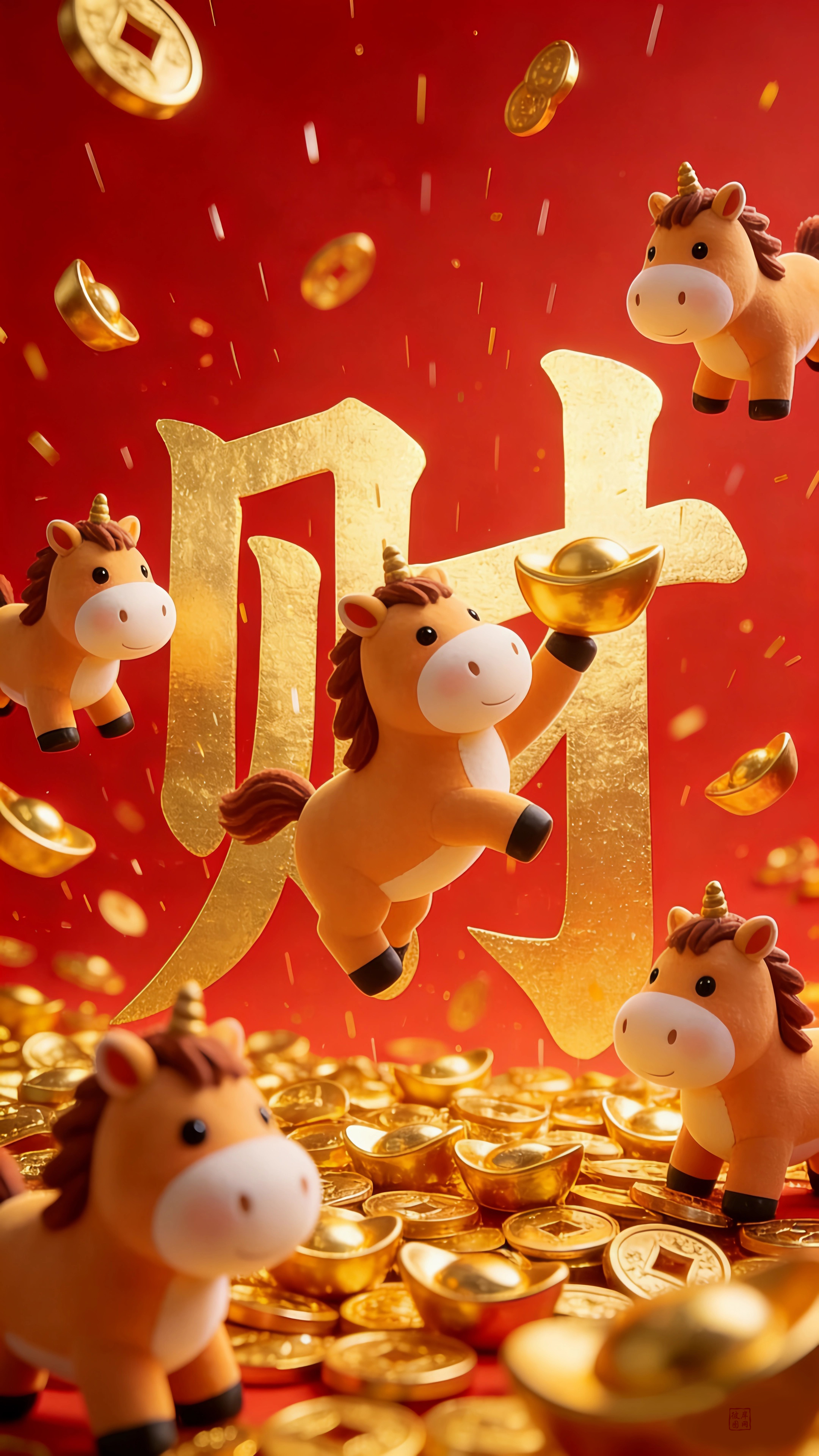 2026马年送财 钱雨 可爱小马送财 过年喜庆4k手机壁纸全屏