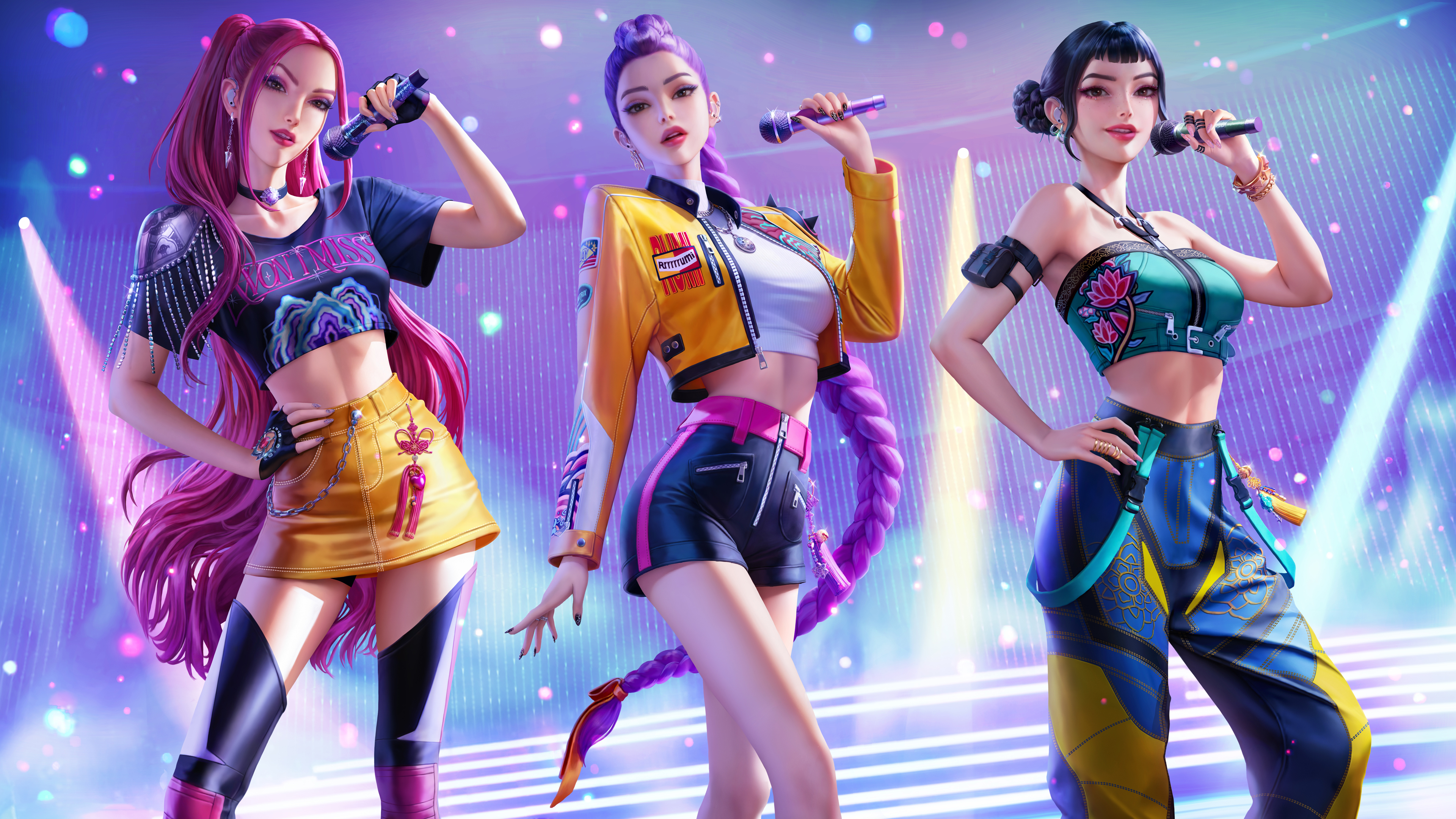 kpop demon hunters猎魔女团 女子三人组 舞台 麦克风 4K高清壁纸