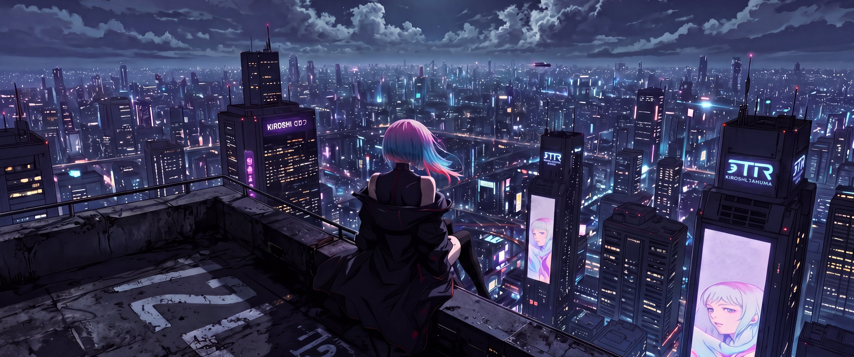《赛博朋克边缘行者》夜之城 月光下的露西4k带鱼屏壁纸3440x1440