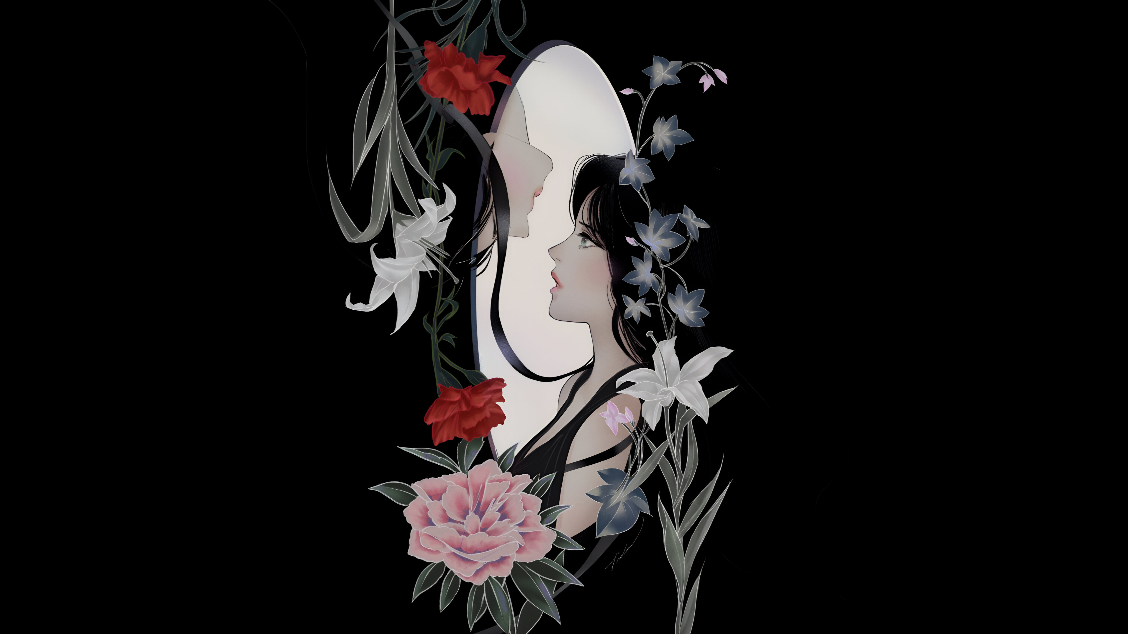 两位女性 长发 鲜花 插图 黑色背景 4K壁纸
