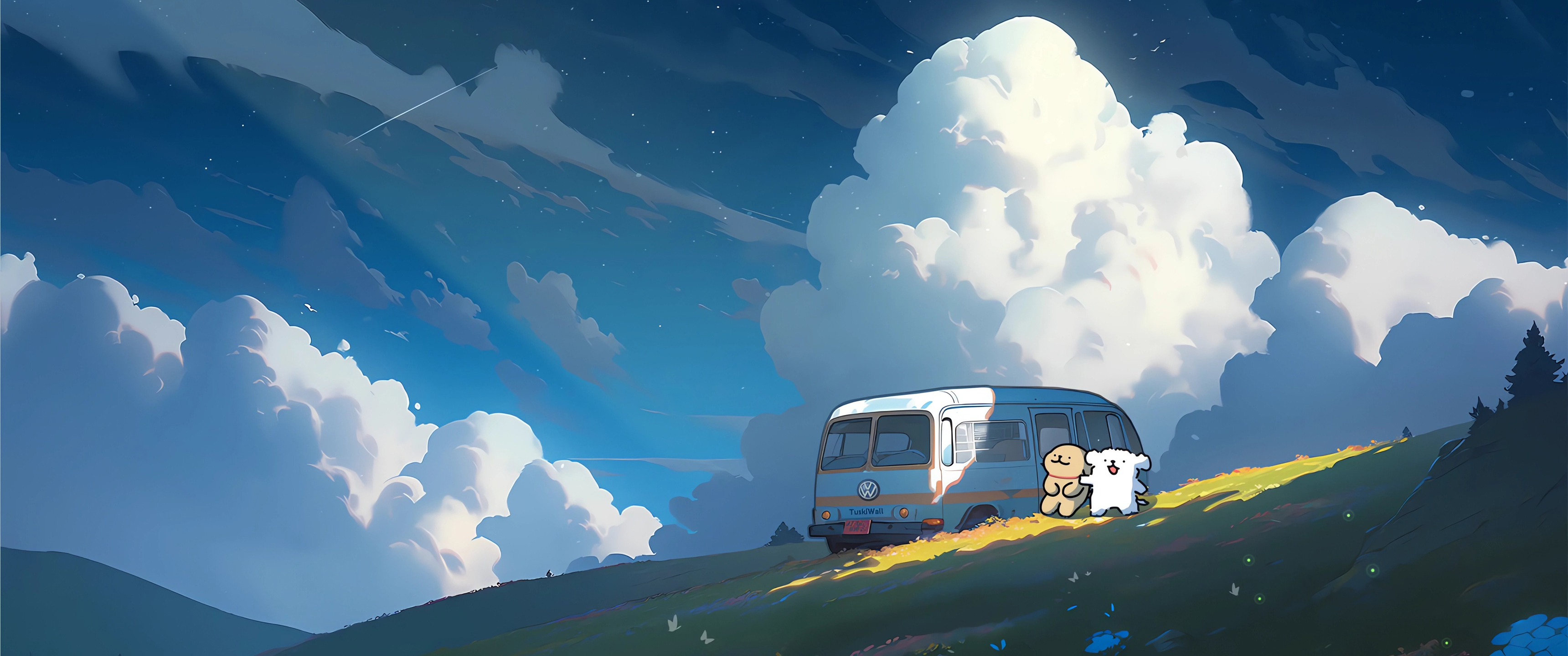 云朵 旷野郊游 线条小狗3440x1440带鱼屏壁纸