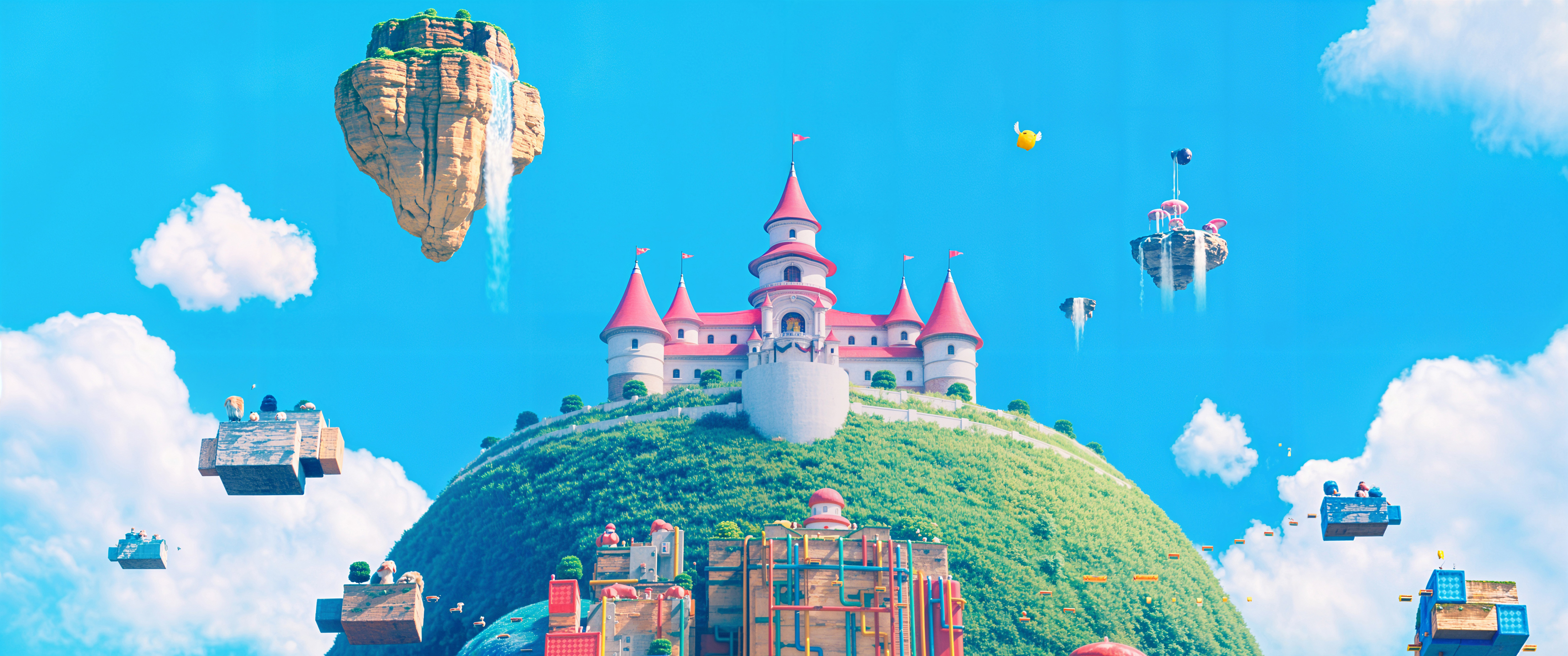 云端蘑菇城堡风景带鱼屏高清壁纸3440x1440