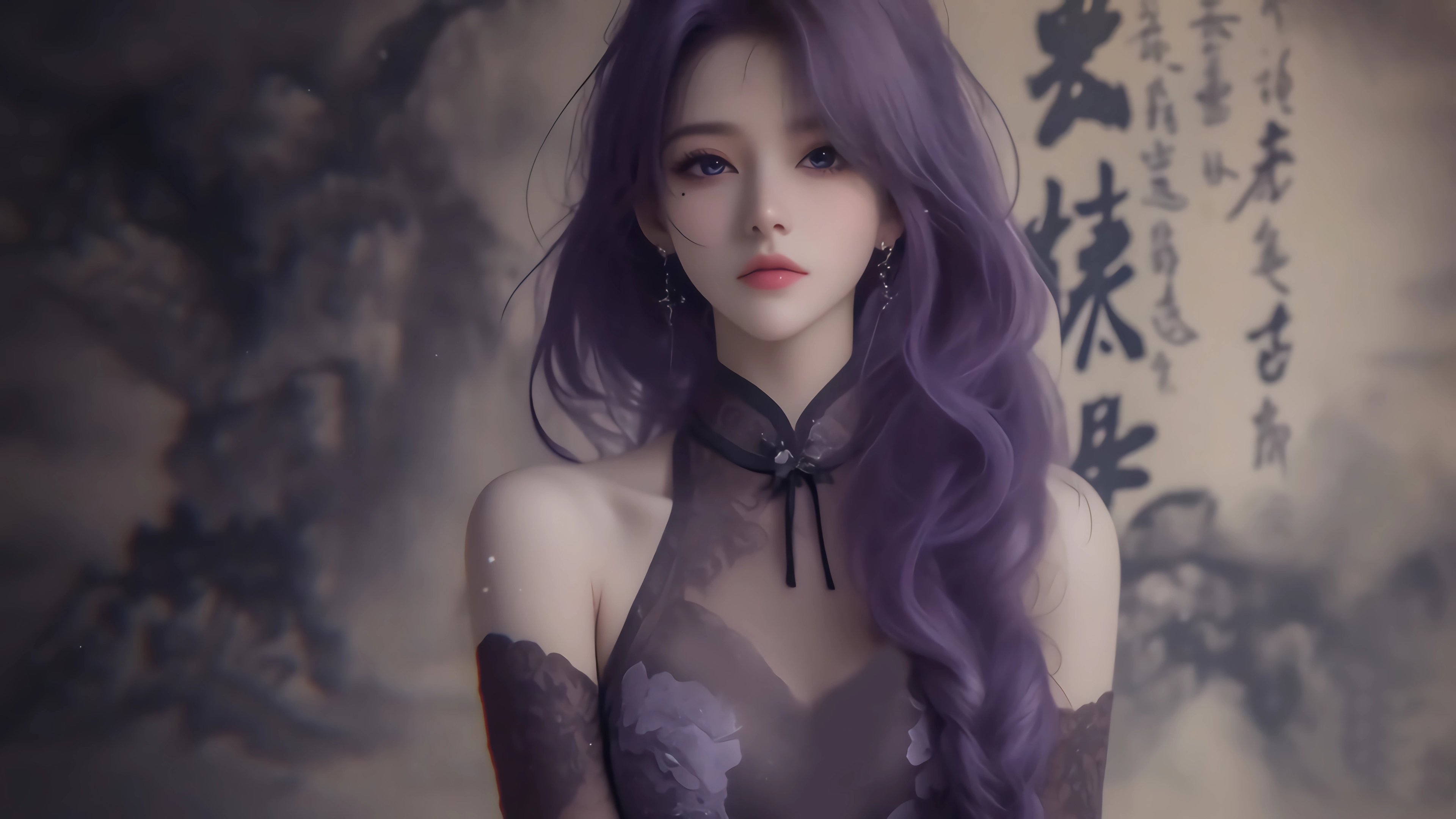 仙侠凌仙 紫色长卷发美女 古风古典 4K壁纸 3840x2160