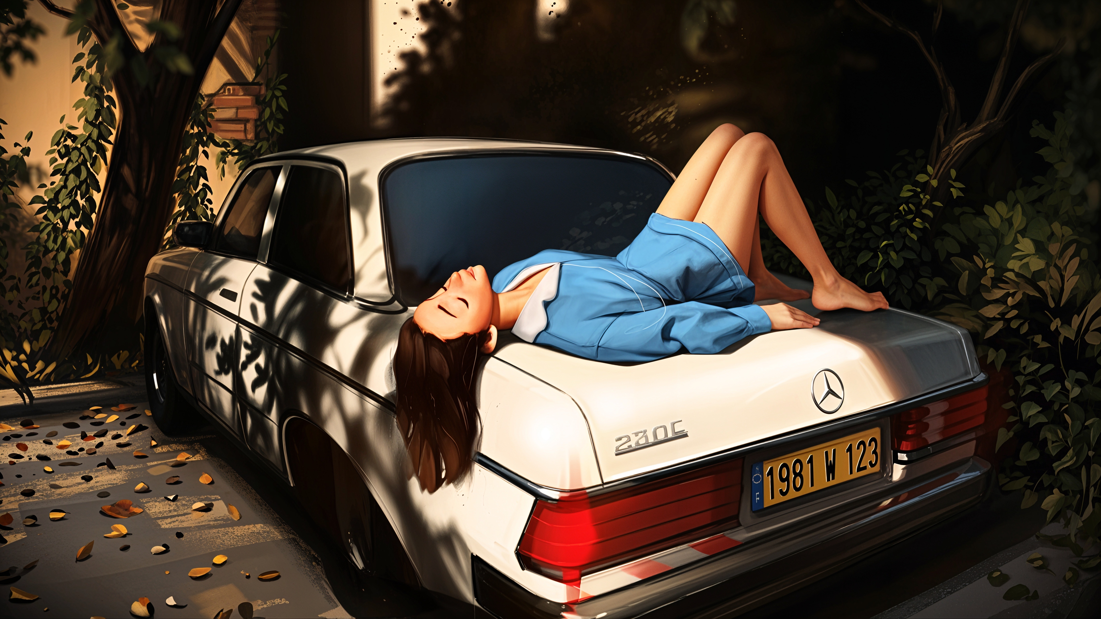 停在院子的白色汽车 少女 树木 4K动漫壁纸 3840x2160
