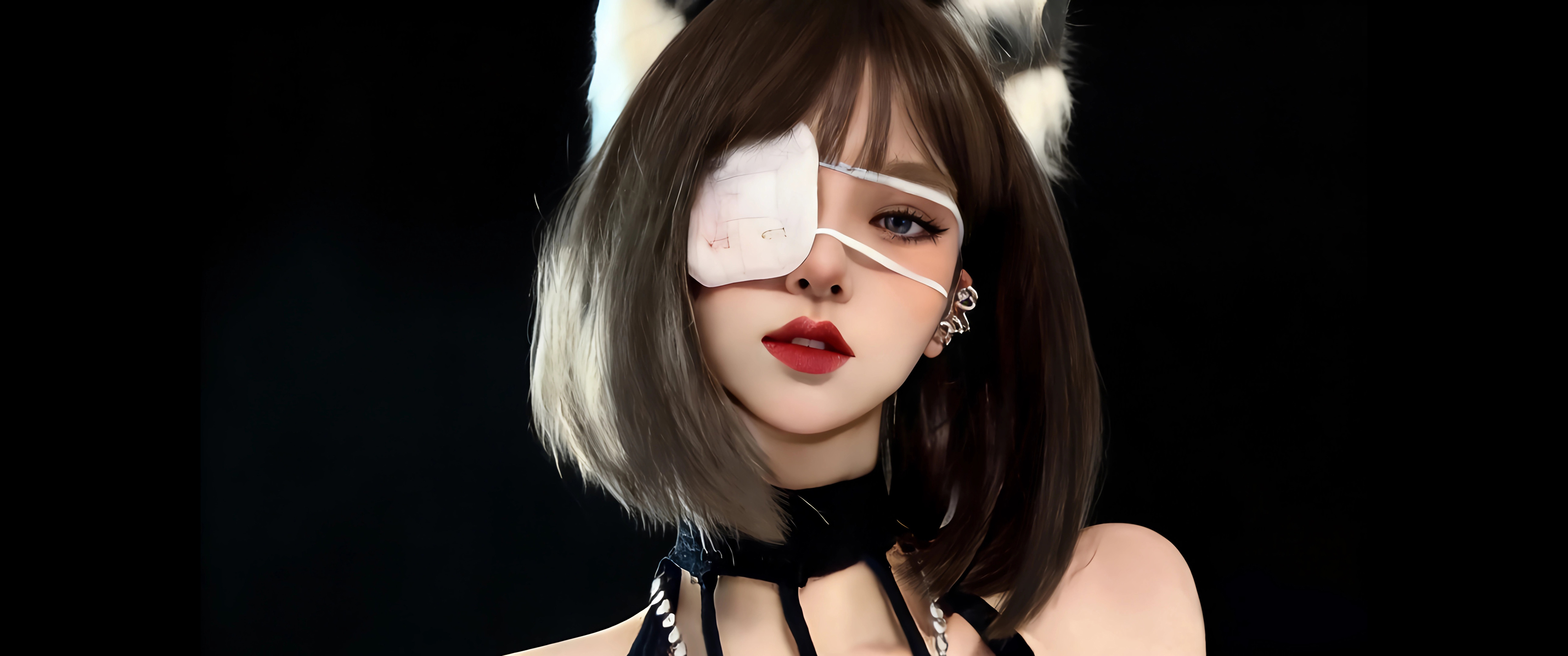 兽耳 波波头动漫美女 眼罩 暗黑 3440x1440带鱼屏壁纸