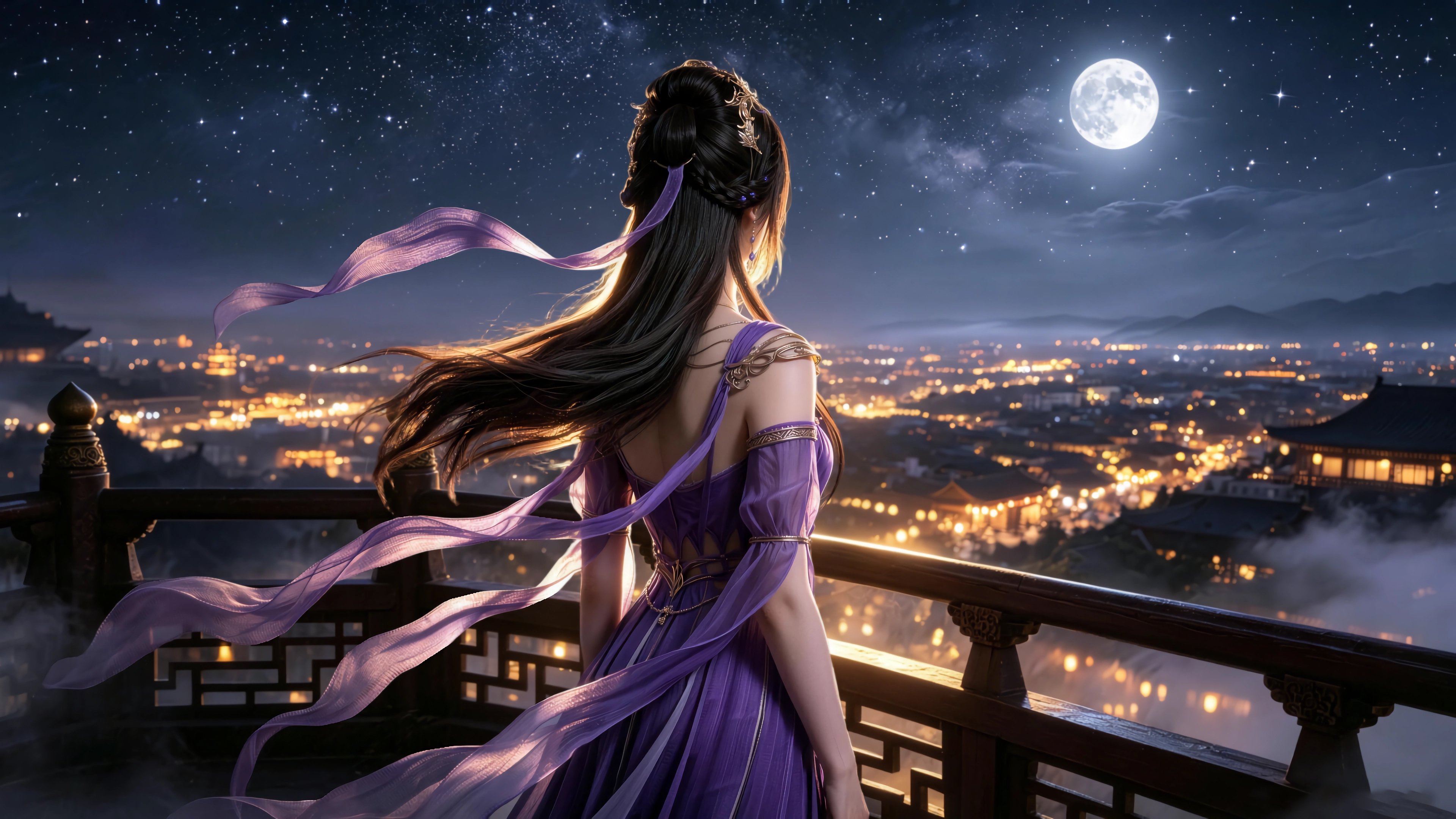 凡人修仙传紫灵 背影 唯美月夜 4K壁纸3840x2160