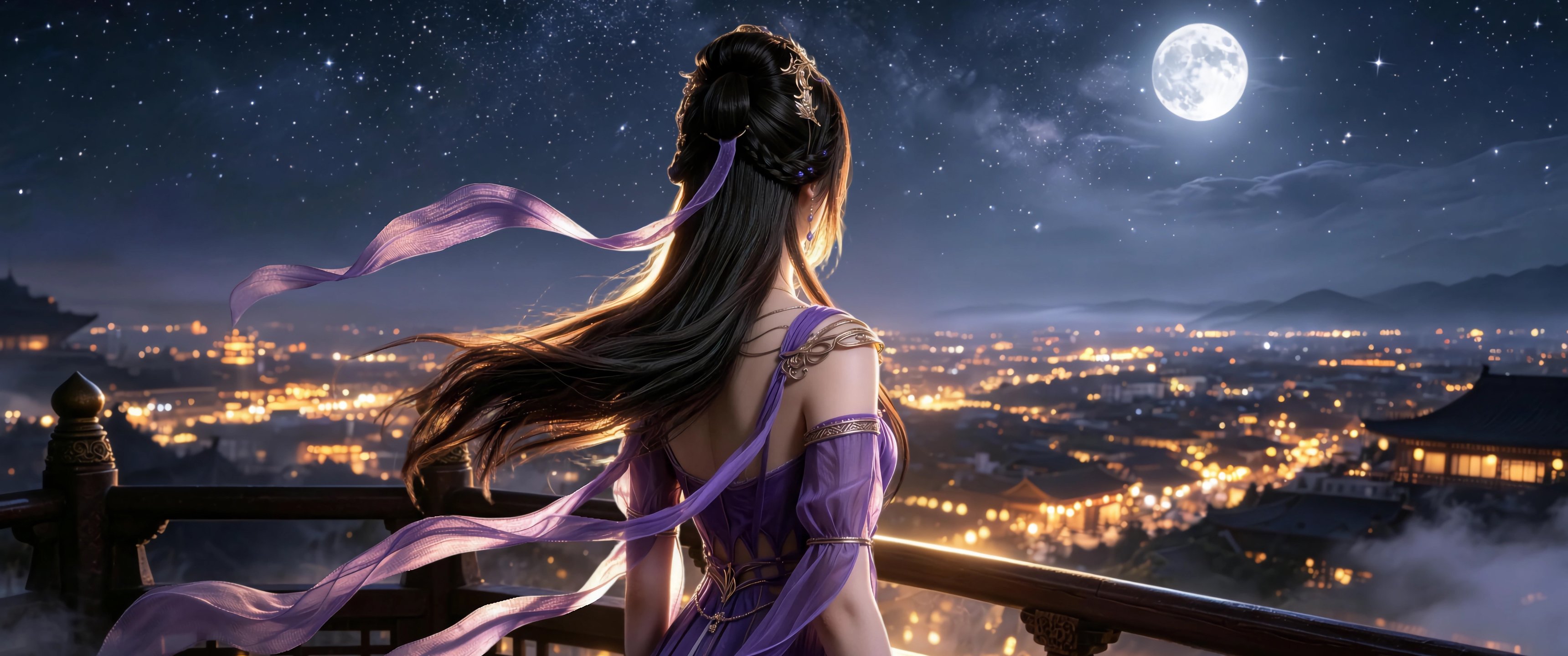 凡人修仙传紫灵 背影 唯美月夜 带鱼屏超清壁纸3440x1440