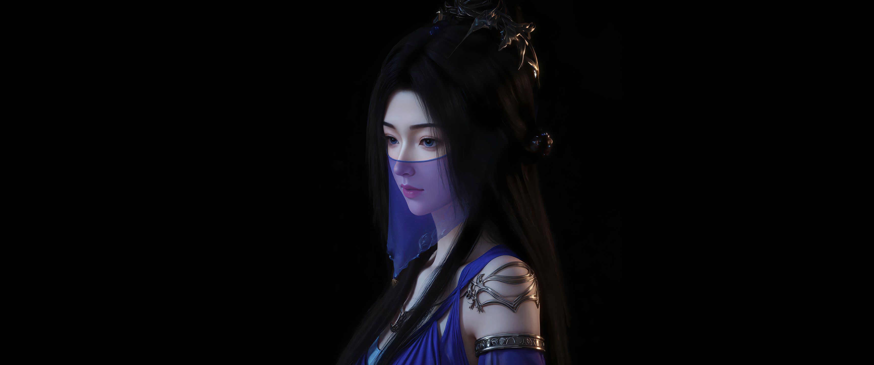 凡人修仙传紫灵 黑色背景4K带鱼屏高清壁纸3440x1440