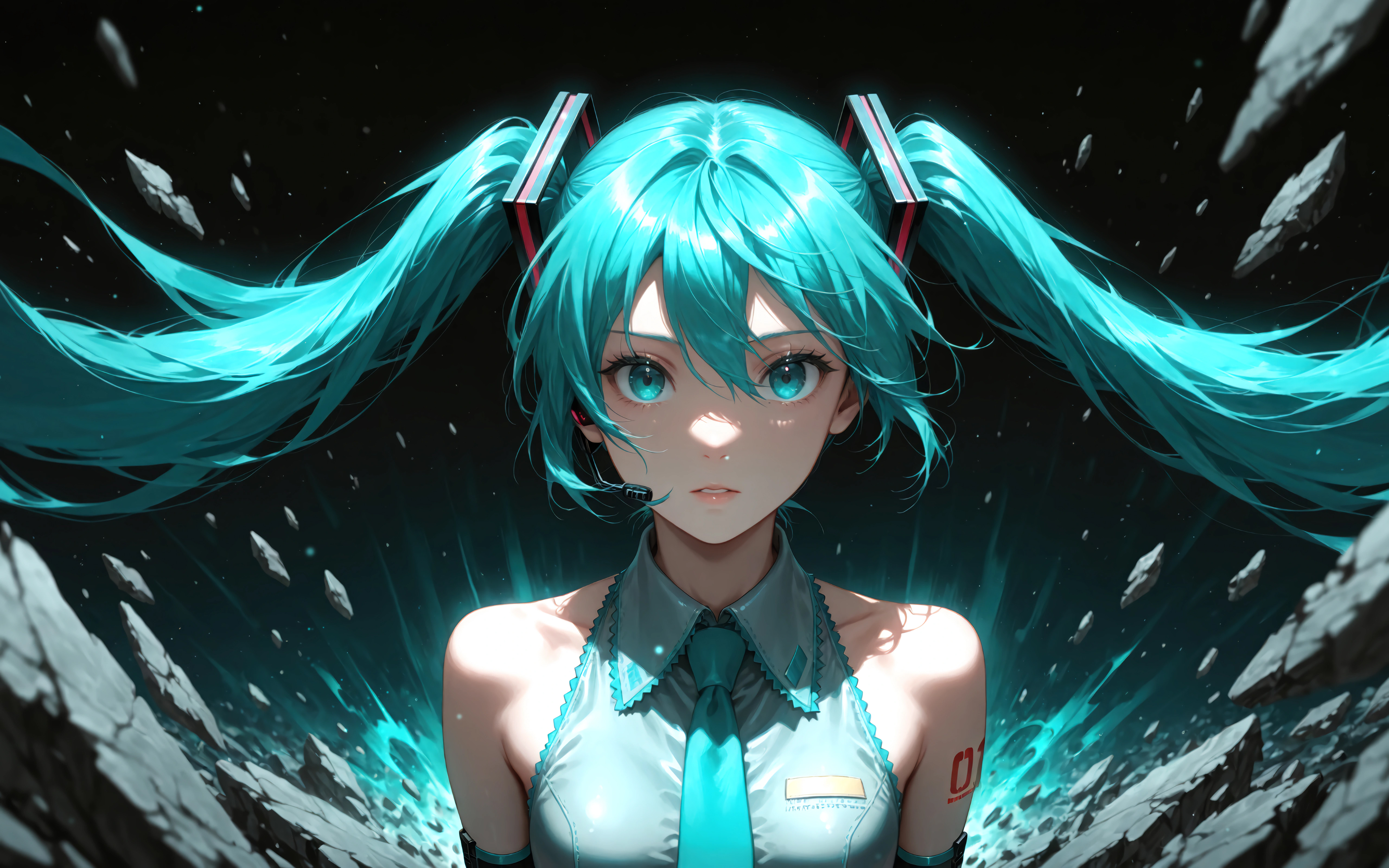初音未来 蓝色长辫子 深色背景 4K动漫壁纸 3840x2400
