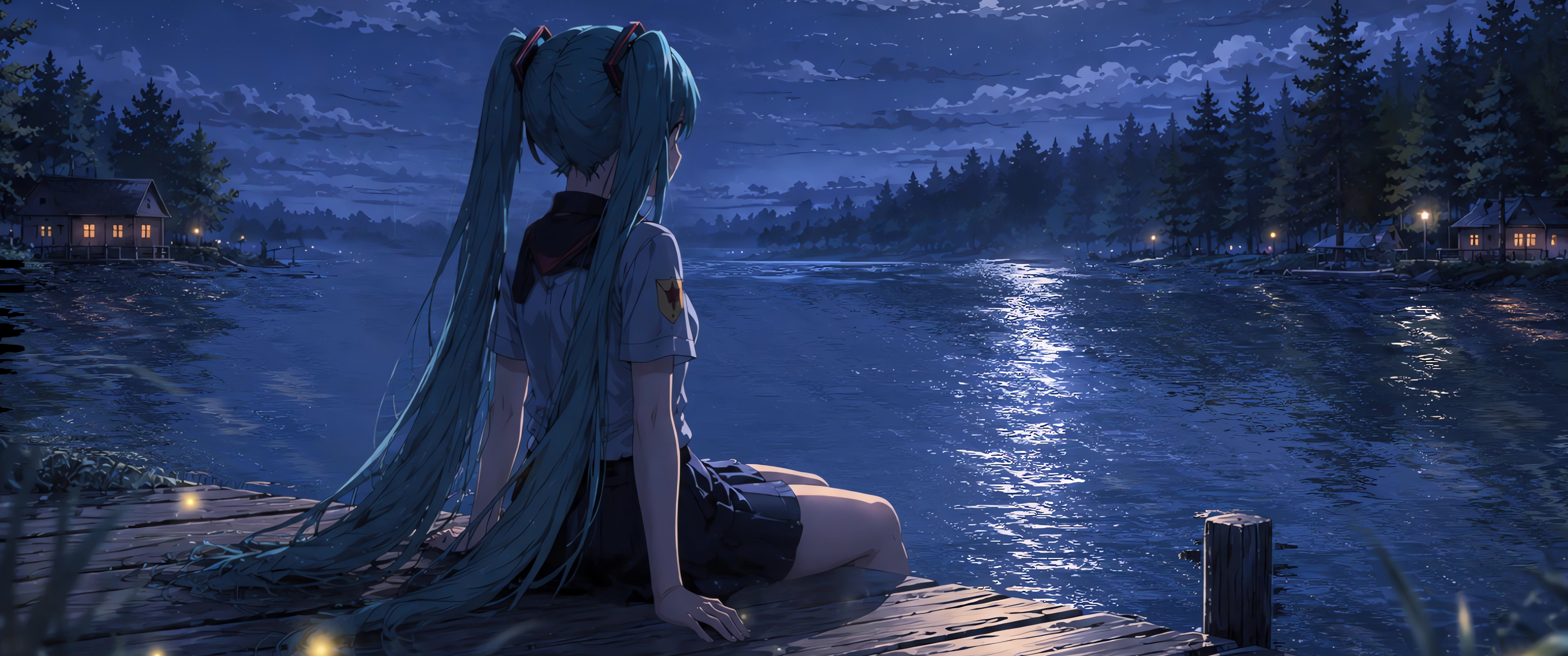 初音未来在湖边3440x1440带鱼屏动漫壁纸