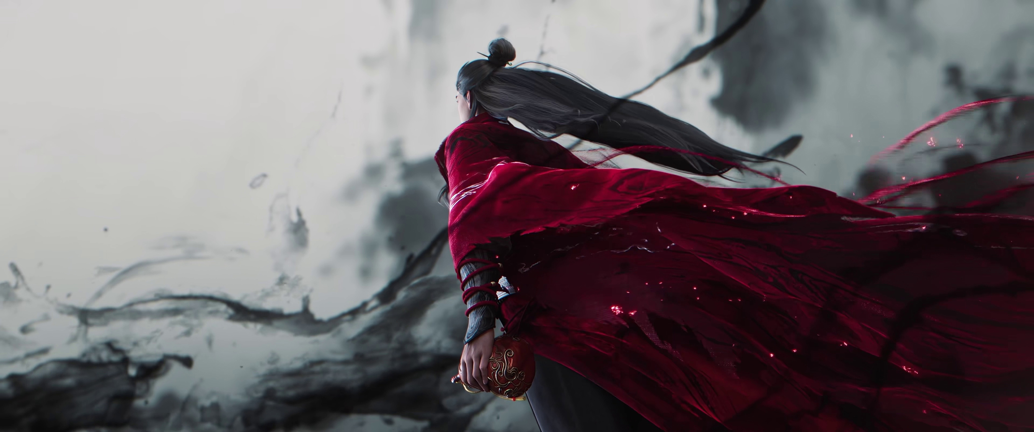 剑来2 古风 武侠 水墨风 红衣 陈平安 3440x1440带鱼屏壁纸