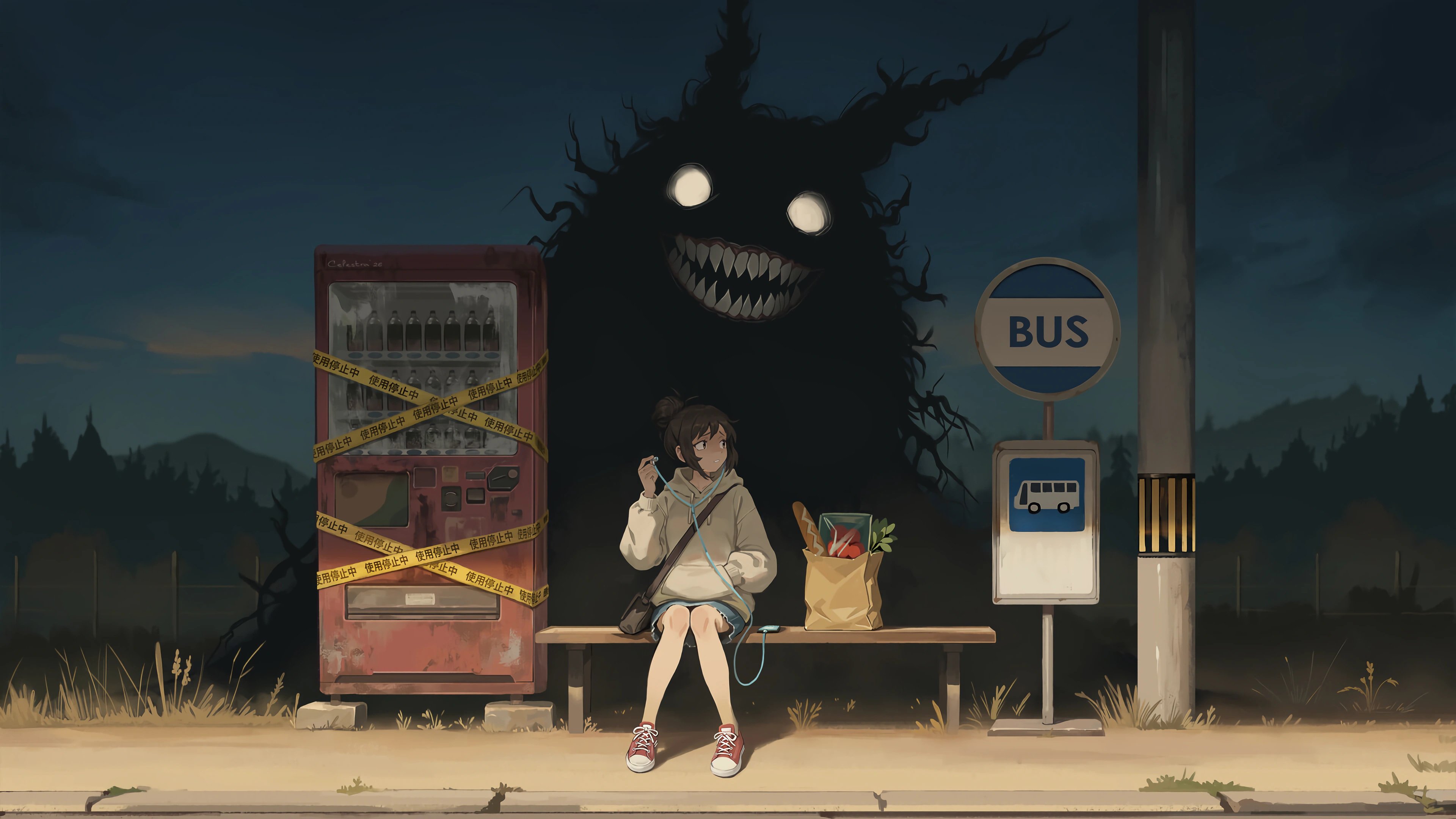 动漫女孩 晚上 公车小站 路灯 黑色怪物 4k壁纸 3840x2160