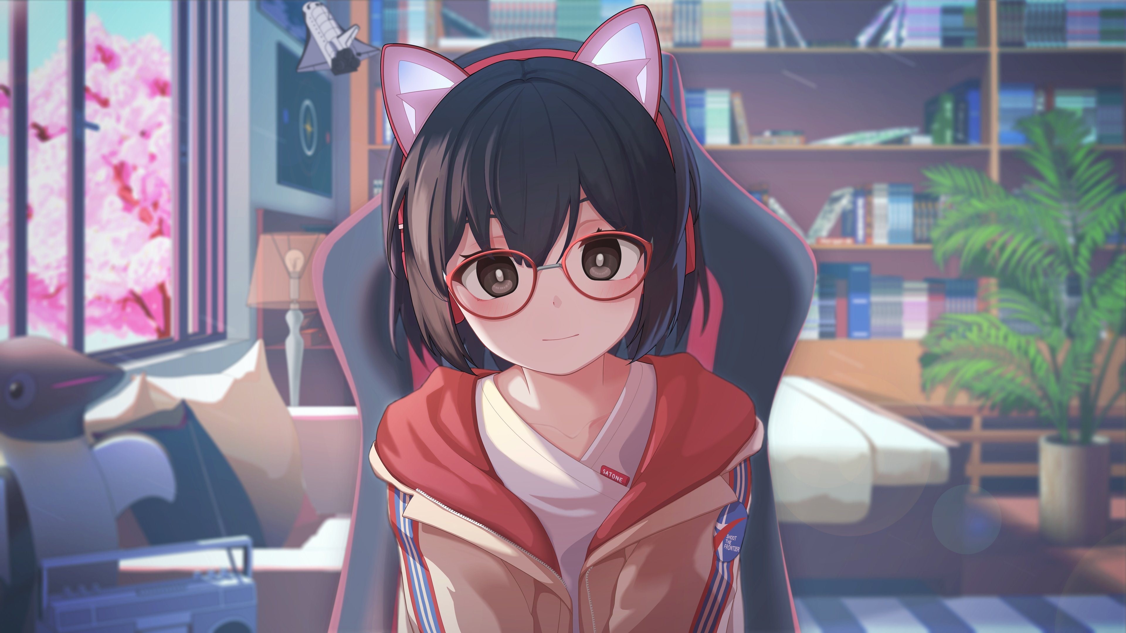 动漫女孩 猫耳 黑短发 眼镜 书房 4k壁纸 3840x2160
