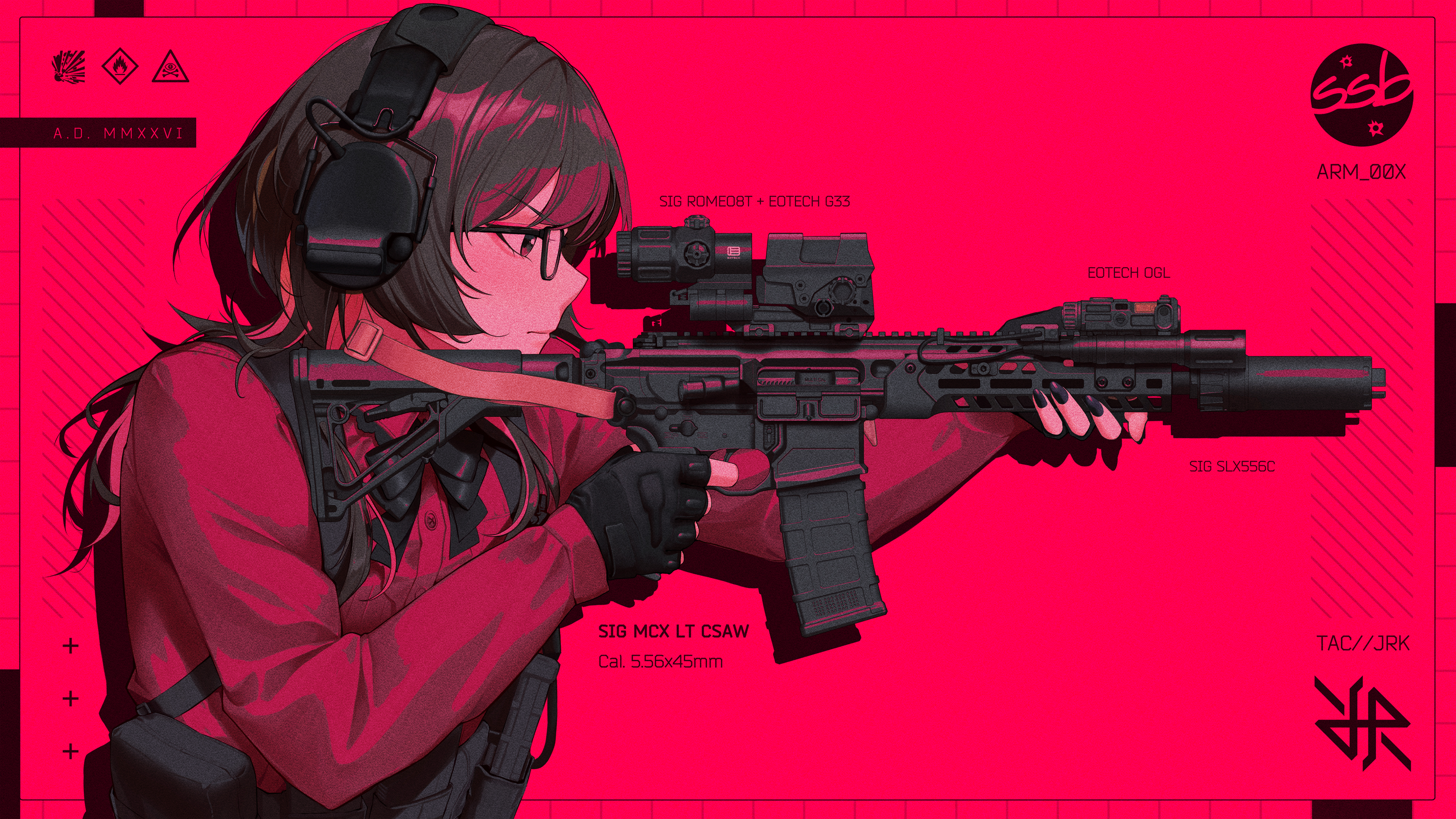 动漫女孩 眼镜 耳套 射击 红色背景 4K超高清电脑壁纸 3840x2160