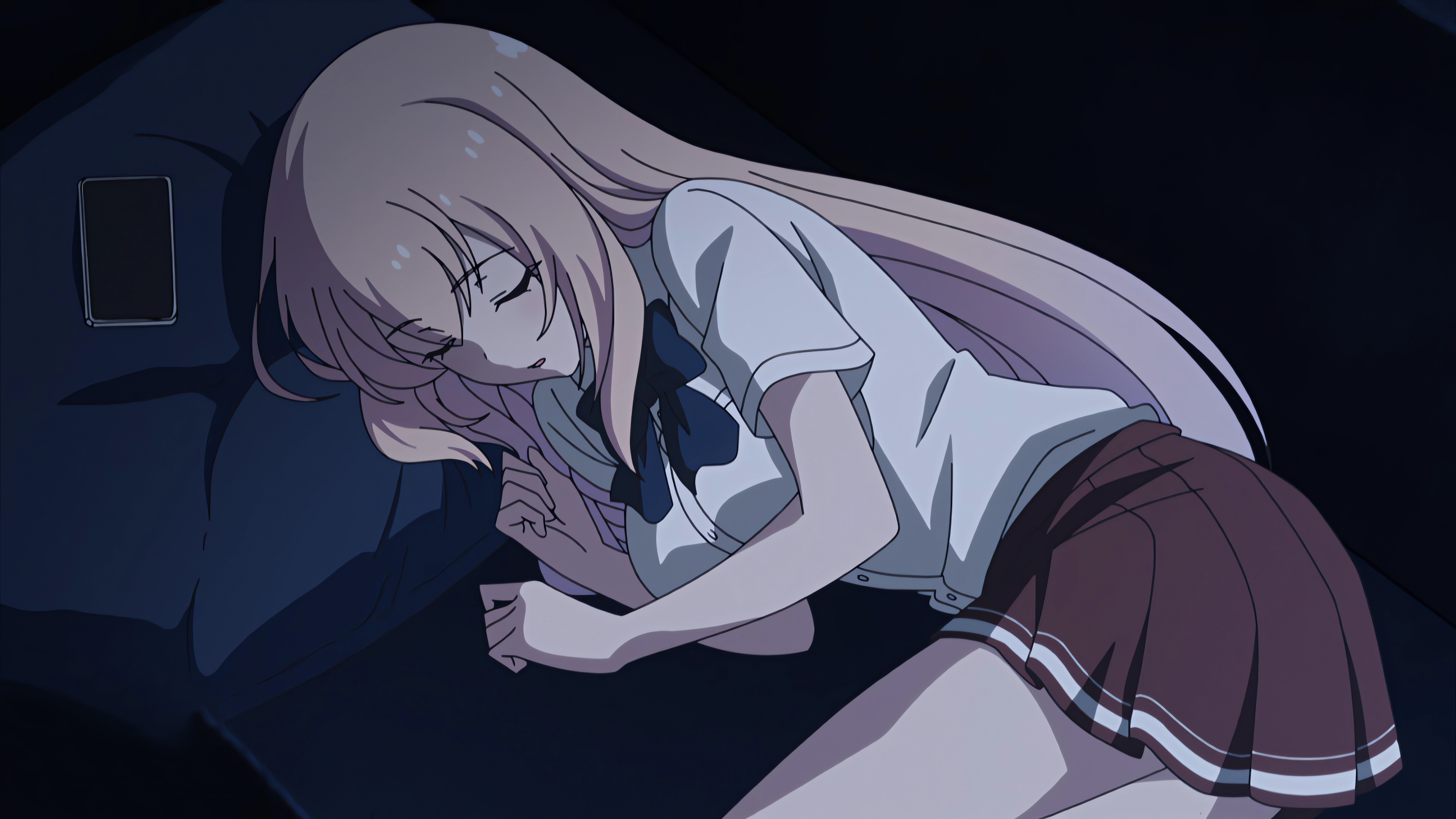 动漫女孩 睡着了 暗色系 4K壁纸 3840x2160